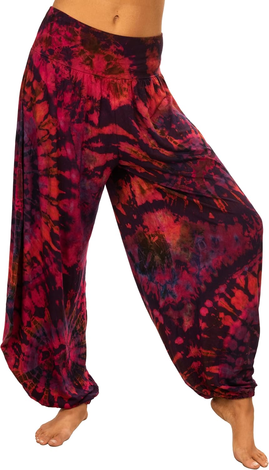 Bohemian Tie Dye Harem Pants, Blue Multi-Color, Rayon Spandex Blend, One Size Fits 0-18, High Waist, Elastic Waistband, Slouchy Style, Yoga Lounge Wear