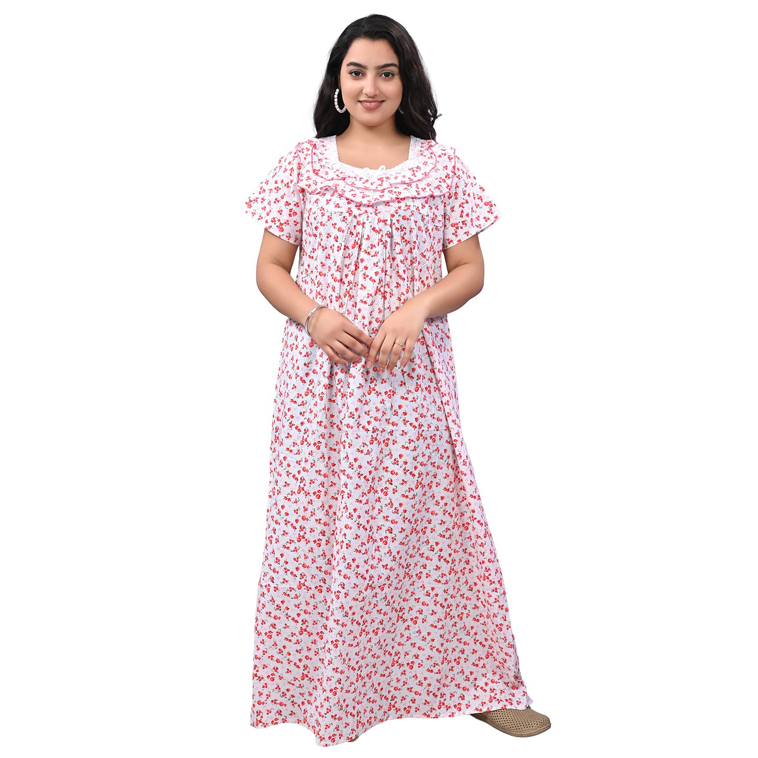 Women White Cotton Printed Nighty Maxi | Ladies Night Gown | Comfortable Cotton Nightwear & Sleepwear XL and XXL-image-0