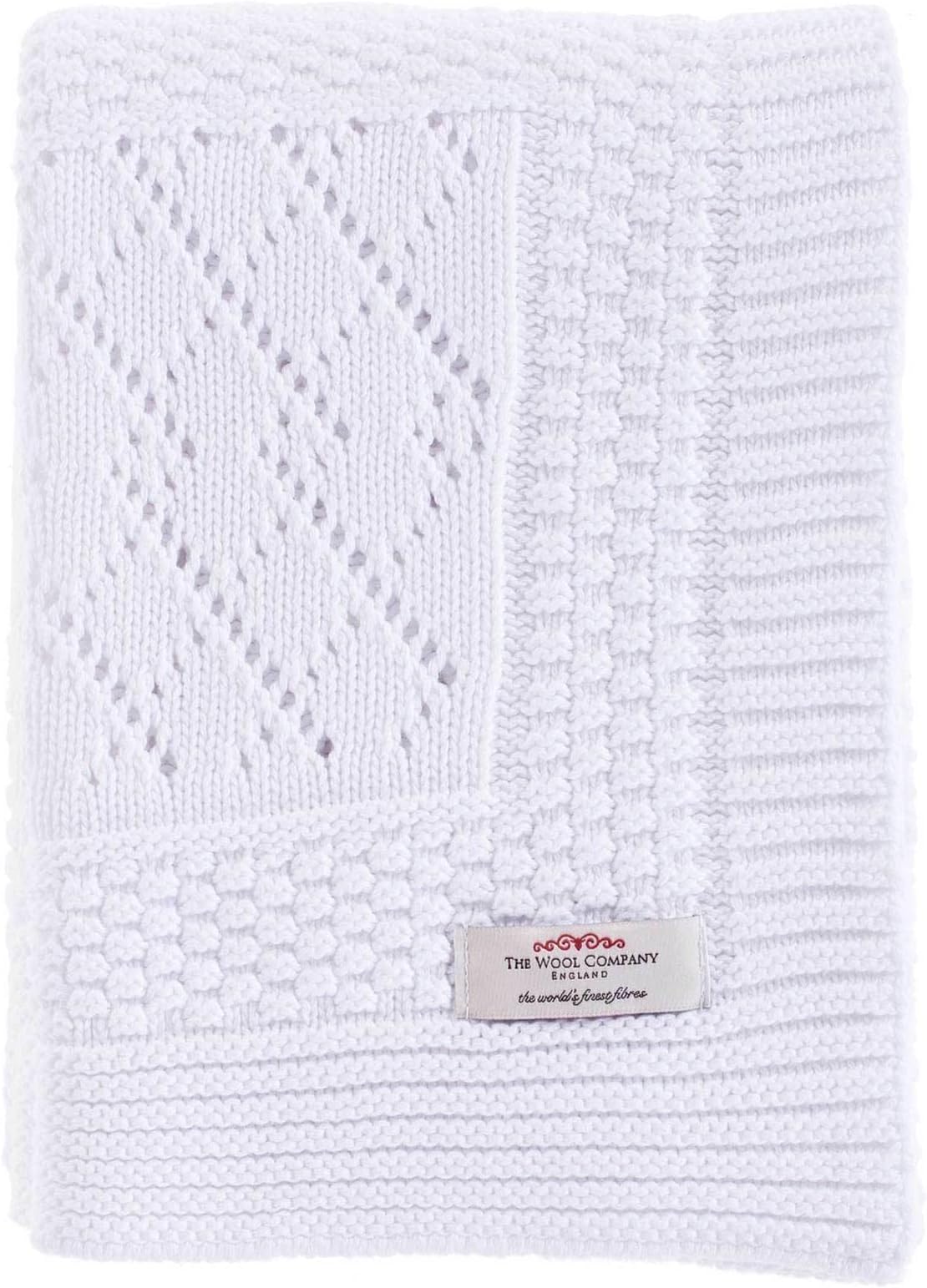 The Wool Company | Luxury Patterned Knitted Baby Blanket for Newborn | Super Soft Pure Cotton | Baby Comforter | Heirloom Baby Boy Girl Gifts | Ideal for Cot, Pram, Moses Basket, 100x75cm, White
