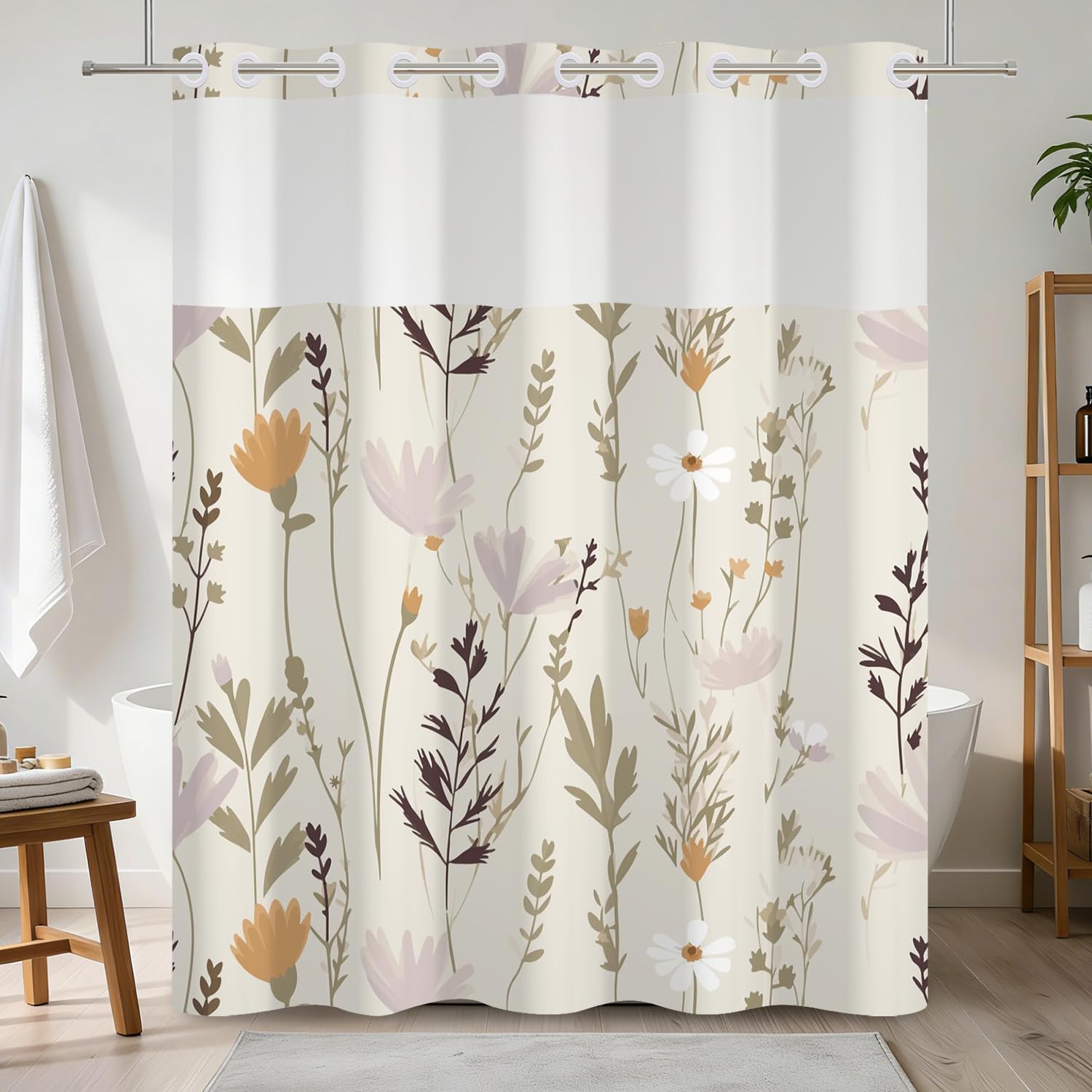 No Hook Neutral Floral Shower Curtain with Snap in Liner Set, Wildflower Botanical Shower Curtain with Mesh Top Window, Beige Boho Farmhouse Waterproof Fabric Bath Decor 71x74 Inch