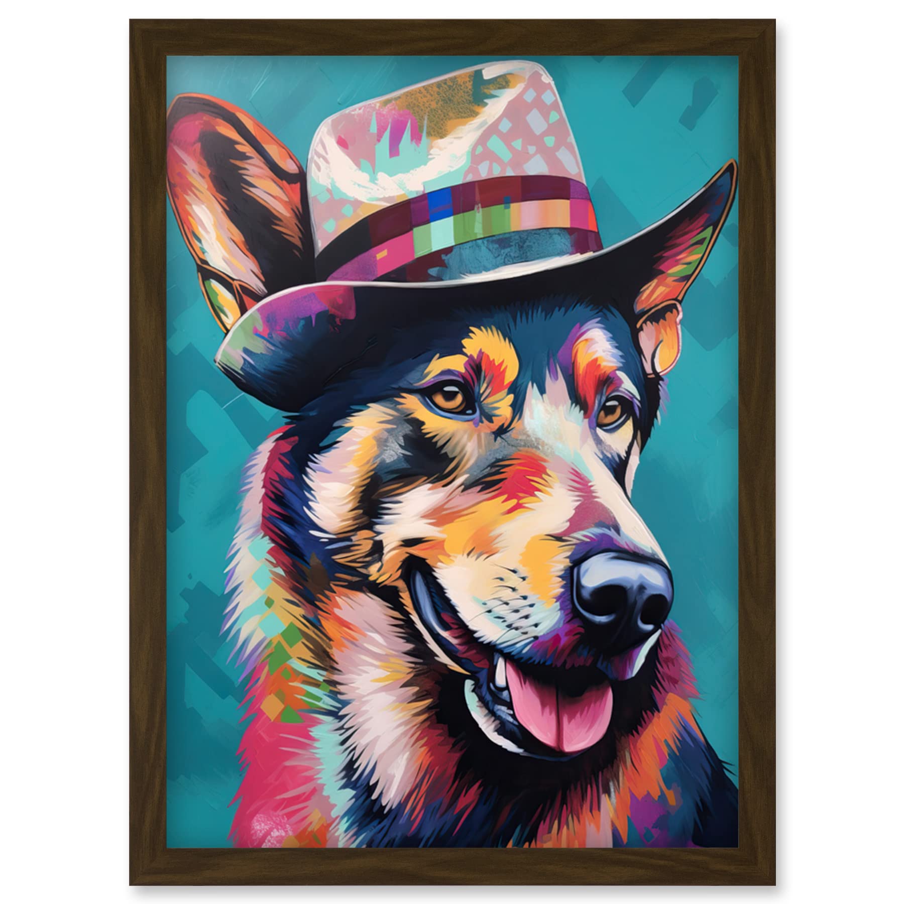 Artery8 German Shepherd with Fedora Hat Vibrant Portrait Artwork Framed Wall Art Print A4