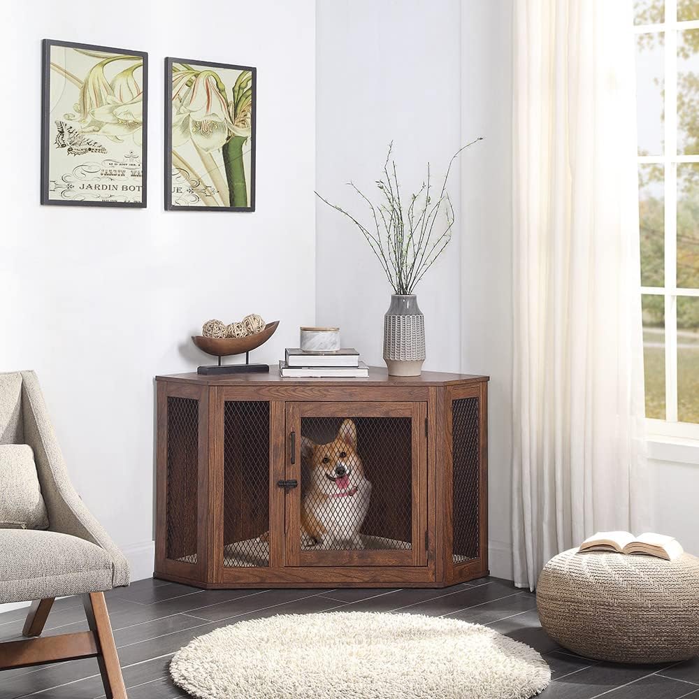 unipaws Furniture Corner Dog Crate with Cushion, Dog Kennel with Wood and Mesh, Dog House, Pet Crate Indoor Use, Perfect for Limited Room : Pet Supplies