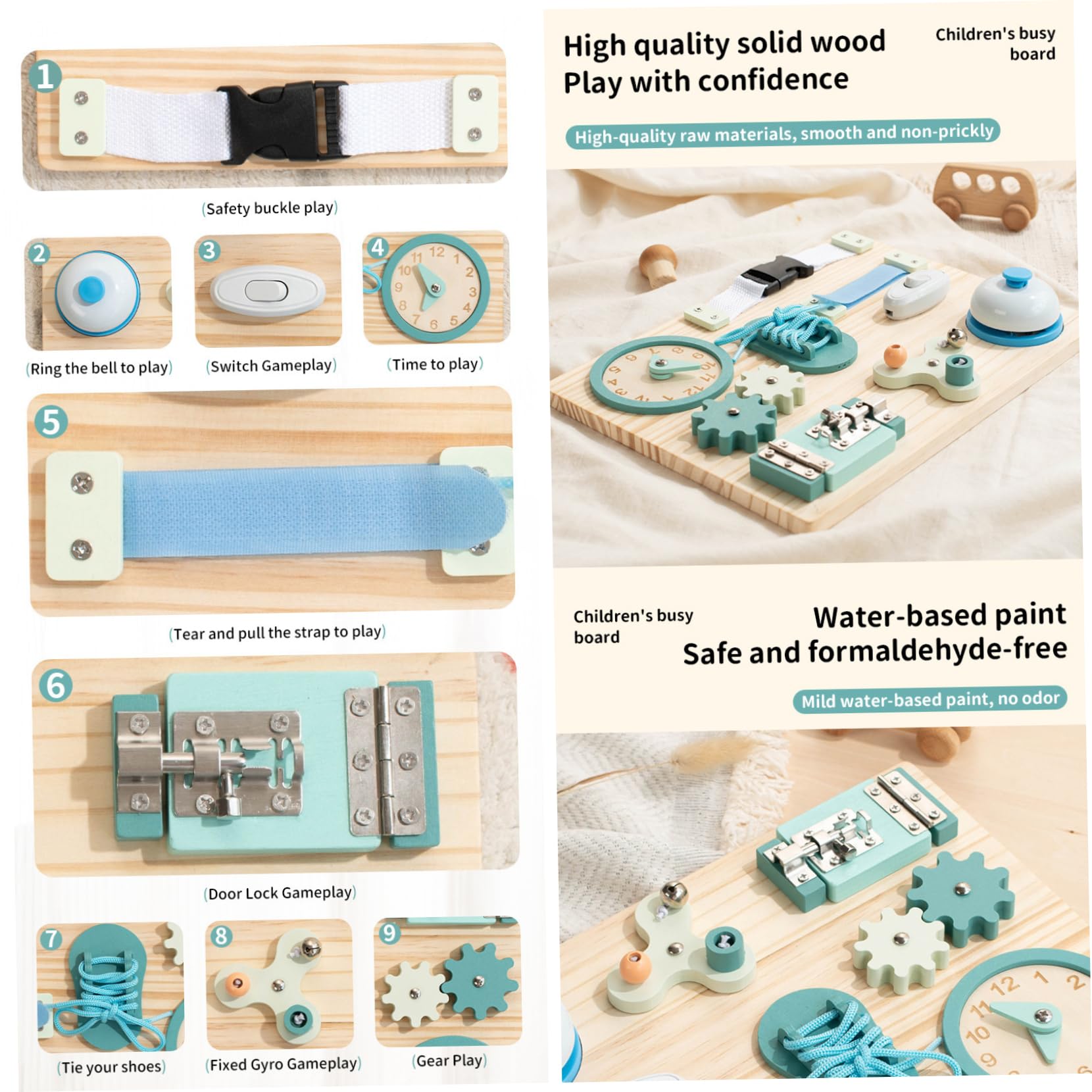Tablero Ocupado de Madera de 9 vías para Habilidades motoras Finas, Juguetes Montessori, Bonita Mesa de Actividades para niños y niñas a Partir de 1 año
