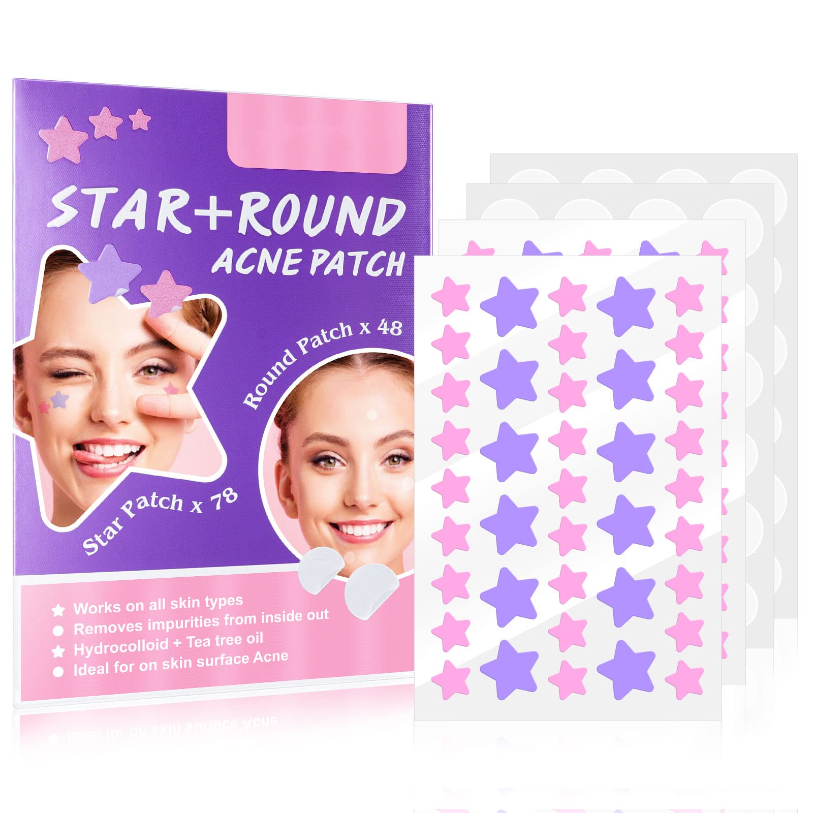 126 Patches Acne Patch Colorful Hydrocolloid Pimple Patch with Natural Tea Tree Oil Cute Star and Round Shaped