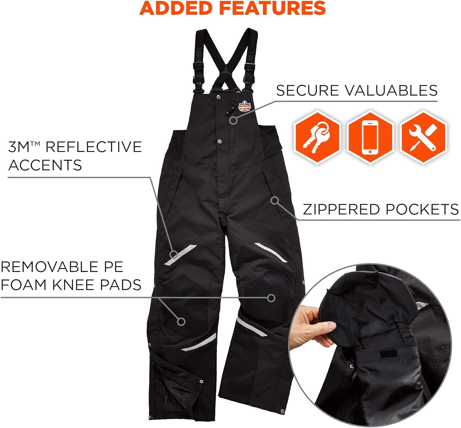Ergodyne N-Ferno 6471 Heavy Duty Insulated Bib Overalls, Winter Workwear, 3M Thinsulate, Removable Knee/Shin Pads - - 