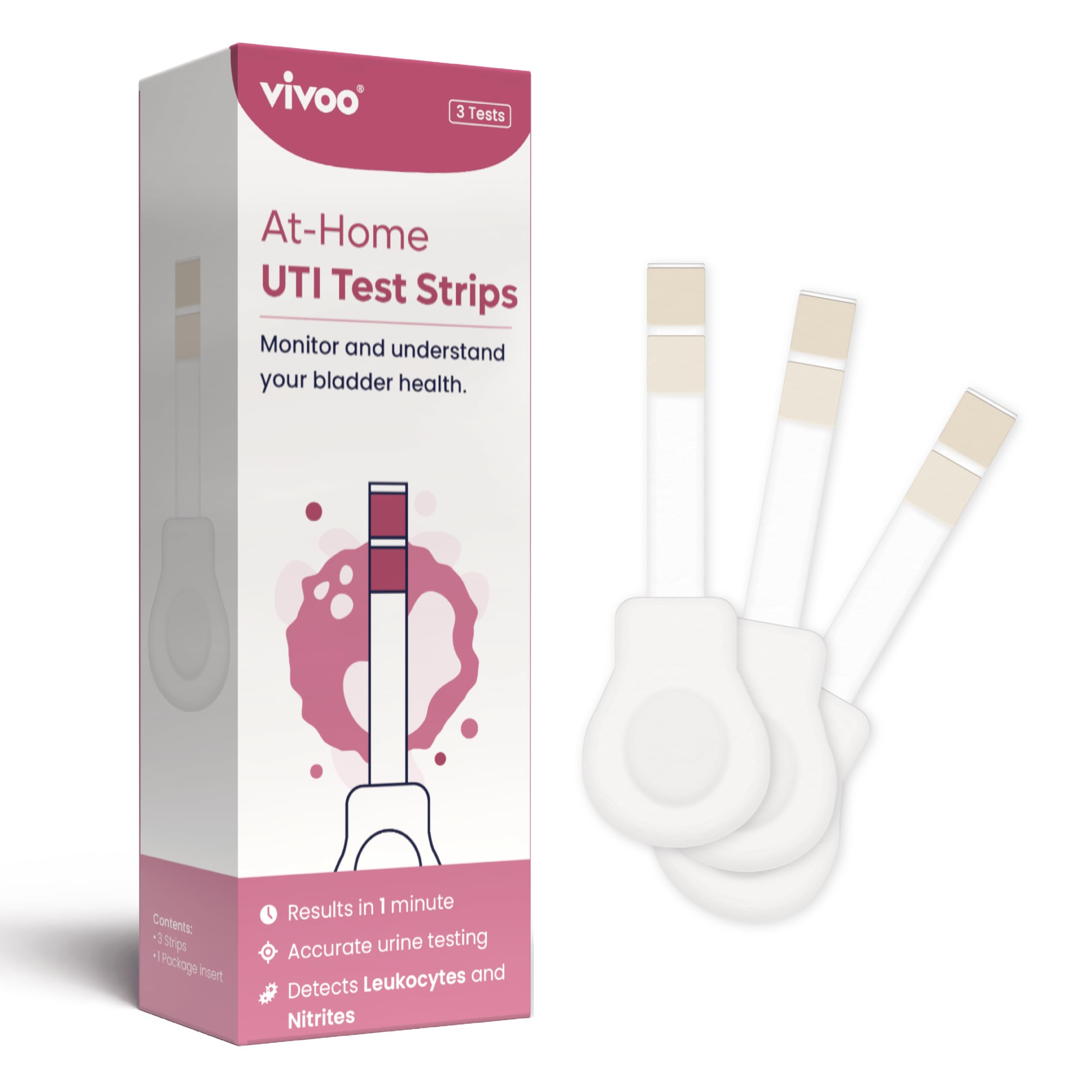 Vivoo UTI Test Strips for Women &amp; Men — At-Home Urinary Tract Infection Test Kit | Leukocytes &amp; Nitrites Detection | Results in 60 Seconds | 3 Test Strips | Fast &amp; Easy to Use