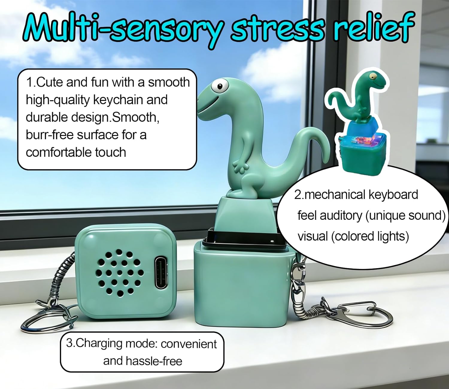 Lizard Keychain Sound Fidget Toy for Adults, Rechargeable Keyboard Fidget Toy with Lizard Button, Colorful Keychain Light, Portable Fidget Clicker, Stress Toys & Anxiety Toys, 2PCS Figette Toys Adults