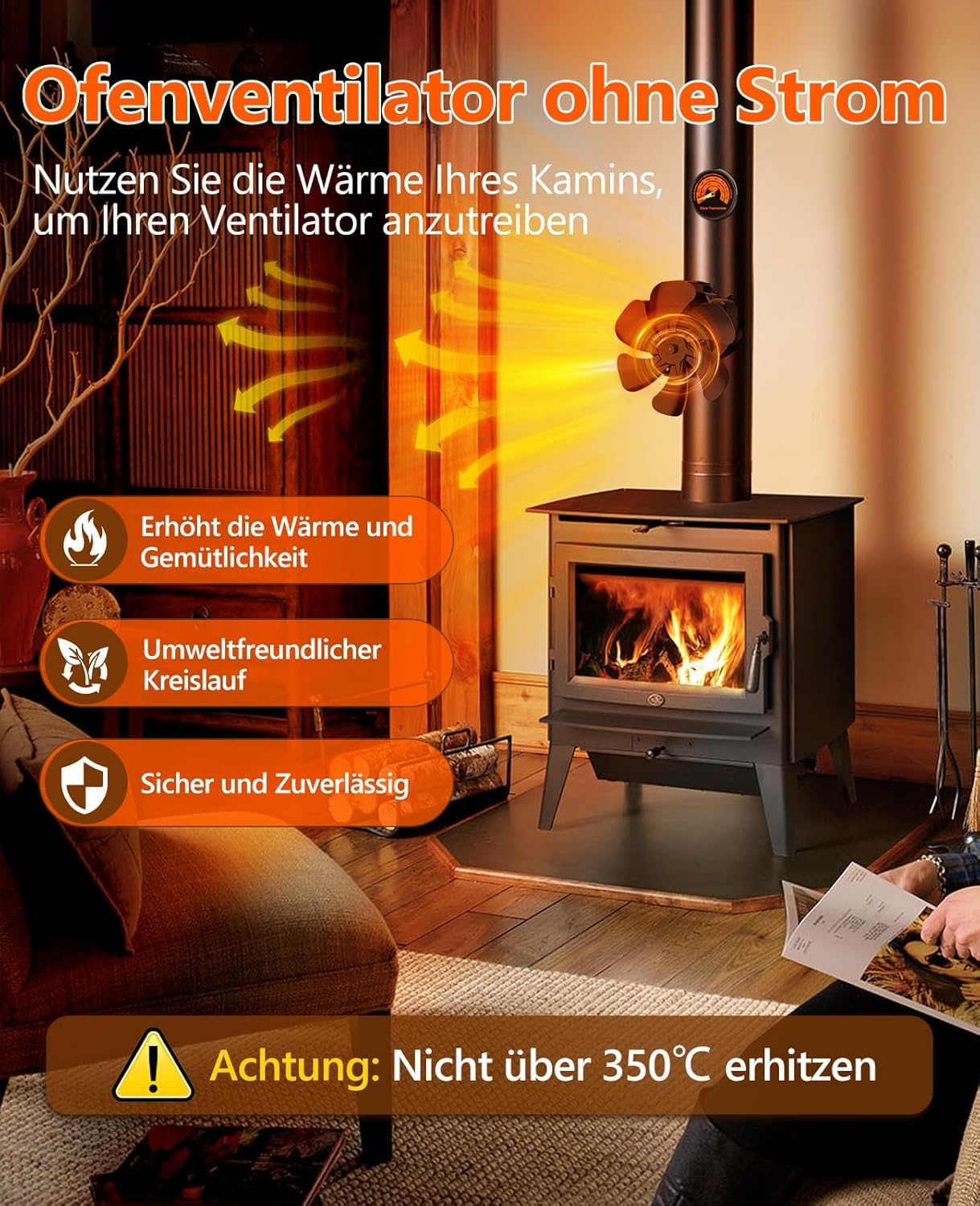 semai Kaminventilator Magnetisch, Ofenventilator Ohne Strom mit 6 Blättern