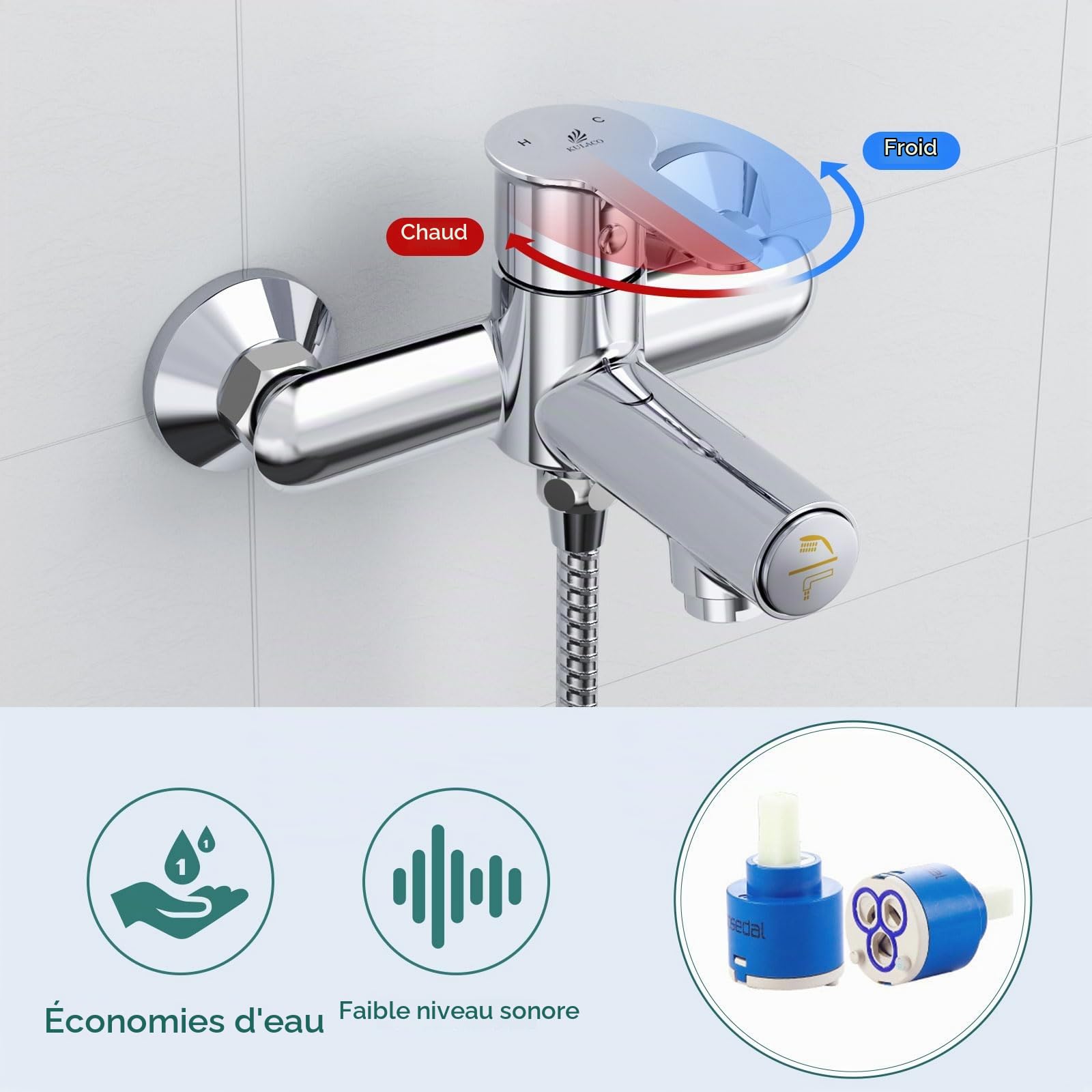 KULACO Robinet de Baignoire avec Pressostat, Chromé | Montage Mural en Laiton, Mitigeur Monocommande pour Douche et Salle de Bain