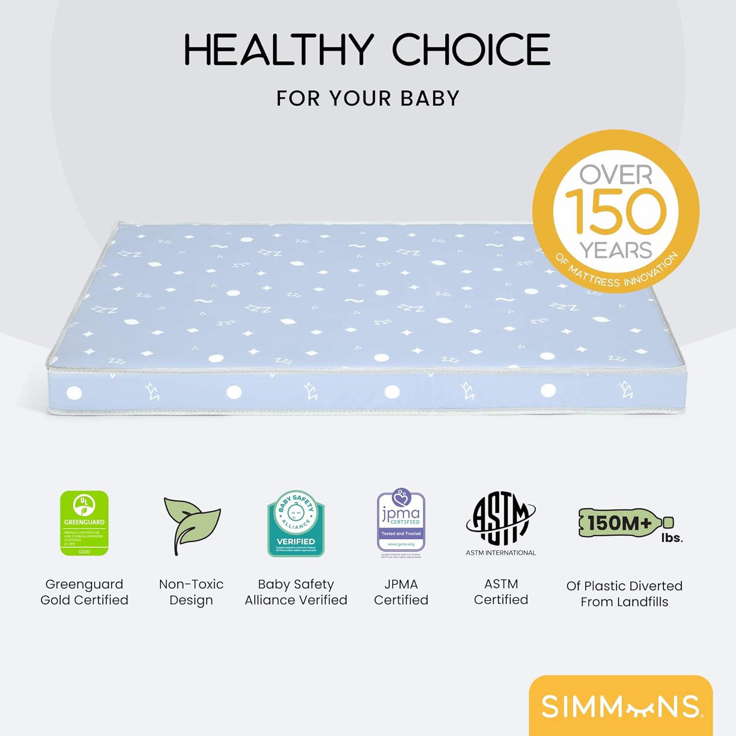 Simmons Kids Soothing Nights 3-inch Mini/Portable Crib Mattress - Sustainably Sourced Fiber Core - Waterproof - GREENGUARD Gold Certified (Non-Toxic) - Trusted 5 Year Warranty