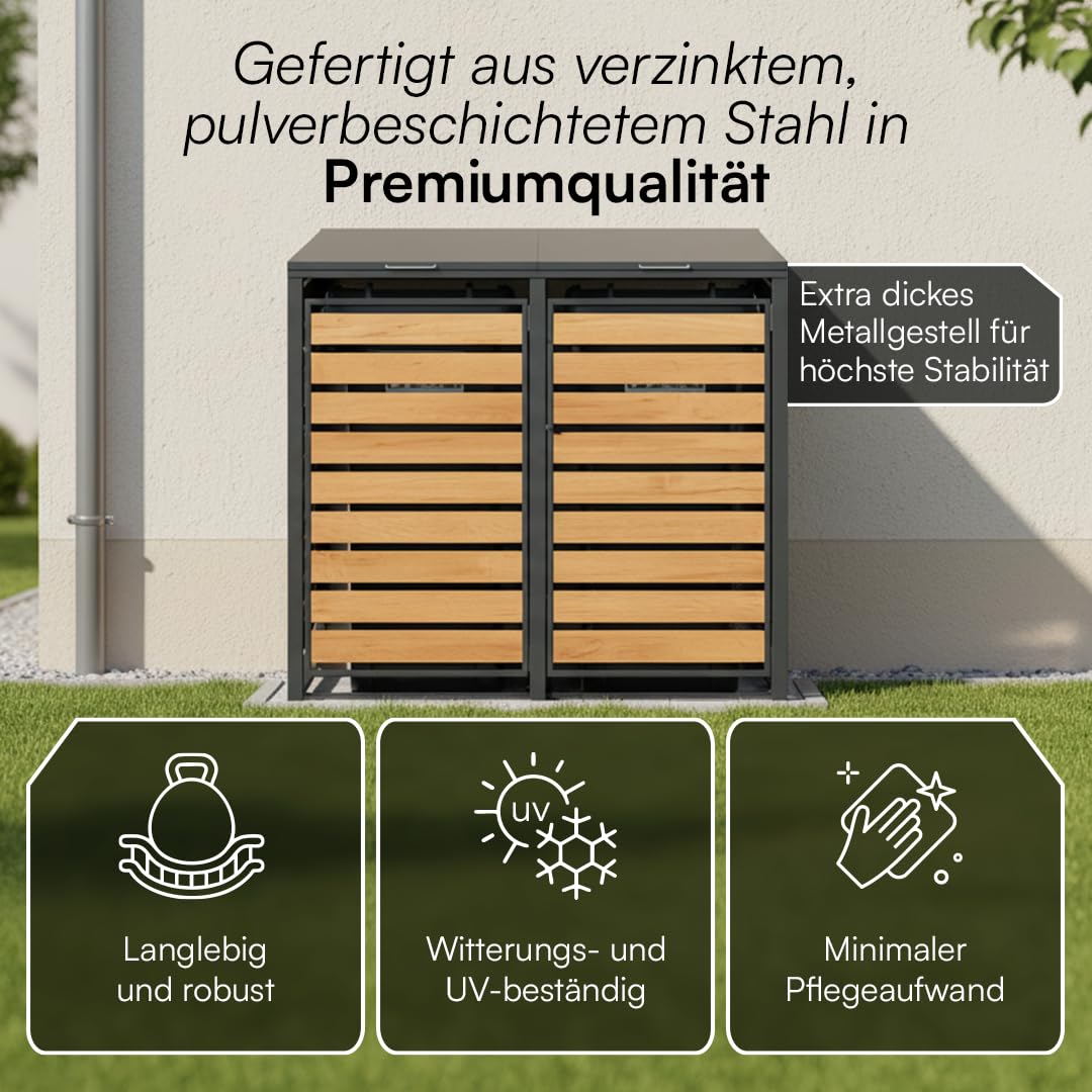 STEELSØN Kestra Mülltonnenbox 2er bis 120L – Mülltonnenverkleidung aus Stahl mit Sichtstreifen in Holzoptik – hochwertige Müllcontainer für 2 Tonnen – Müllbox in Anthrazit – Gerätebox wetterfest