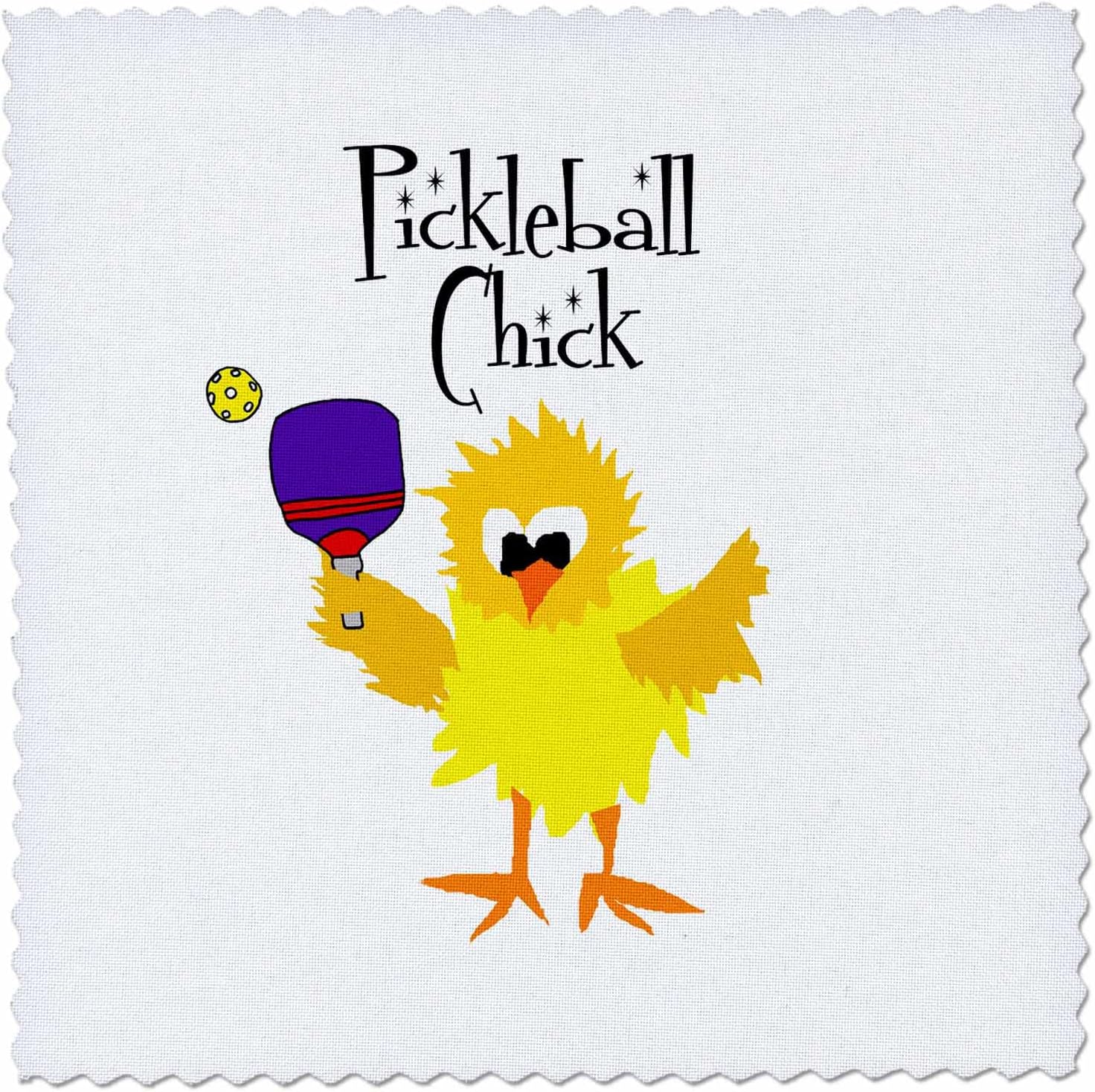 3dRose - All Smiles Art - Sports and Hobbies - Funny Cute Pickleball Chick Chicken Playing Pickleball Sports Cartoon - Quilt Squares (qs-352606-2)