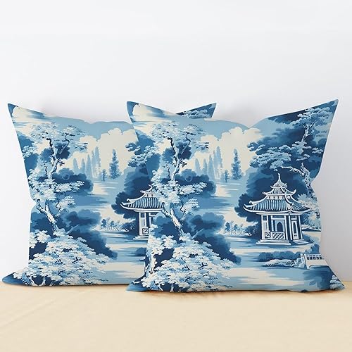 Miniatura 3 de Set of 2 Throw Pillow Cover Blue Pagoda Chinoiserie Cushion Cases Asian Style 16x16in Decorative Pillow Home Cotton Linen Elegant Throw Pillow Cover