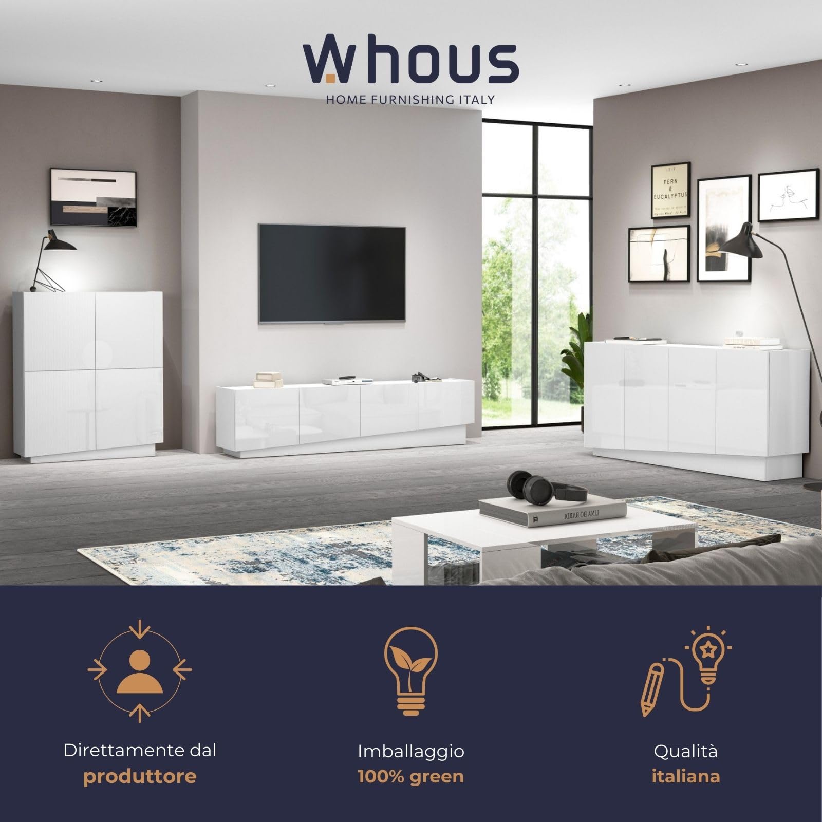 WHOUS Mobile Porta TV VELA per Soggiorno con 4 Ante e 2 Vani Interni, Mobile Tv per Salotto in Legno, 180x35x45,4 cm, Bianco Lucido