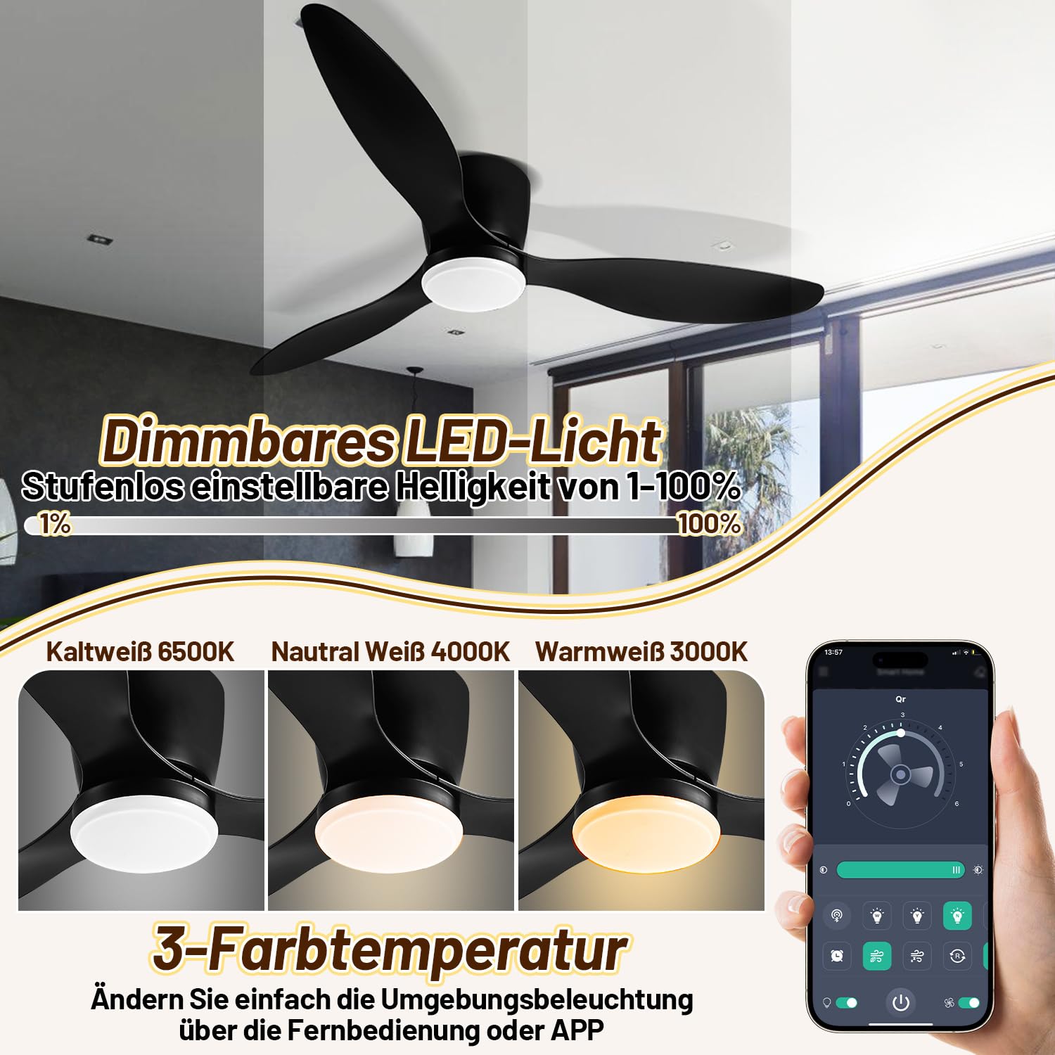 Daromigo Deckenventilator mit Beleuchtung 132cm, Smart Deckenleuchte mit Ventilator Fernbedienung und APP, 6 Geschwindigkeiten, Dimmbar, Timer, Umkehrsfunktion für Wohnzimmer, Schwarz