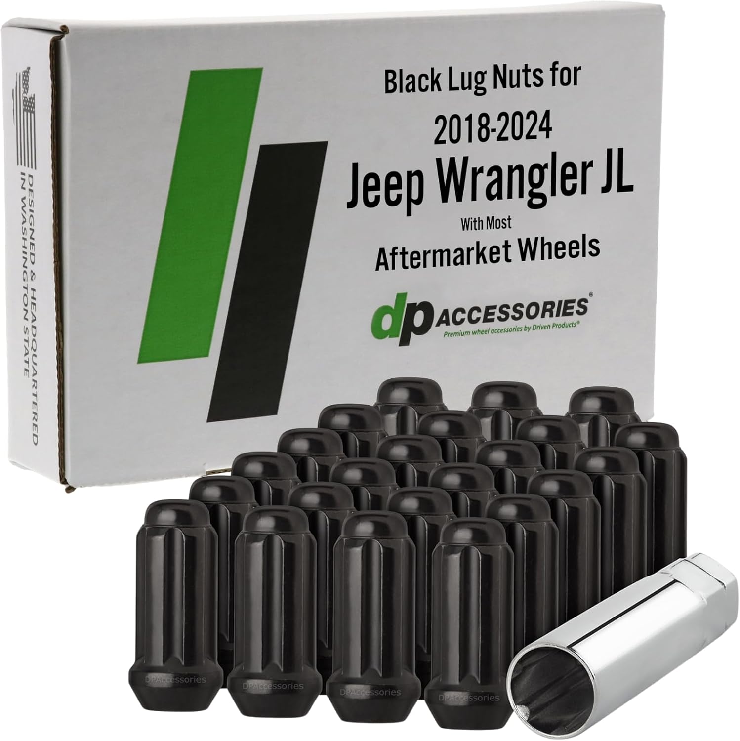 DPAccessories Lug Nuts Compatible with 2018-2026 Jeep Wrangler JL | Black Spline Style | Aftermarket Aluminum Wheels Only | Set of 23 Wheel Nuts & 1 Tool | DWRA1A-BK/023
