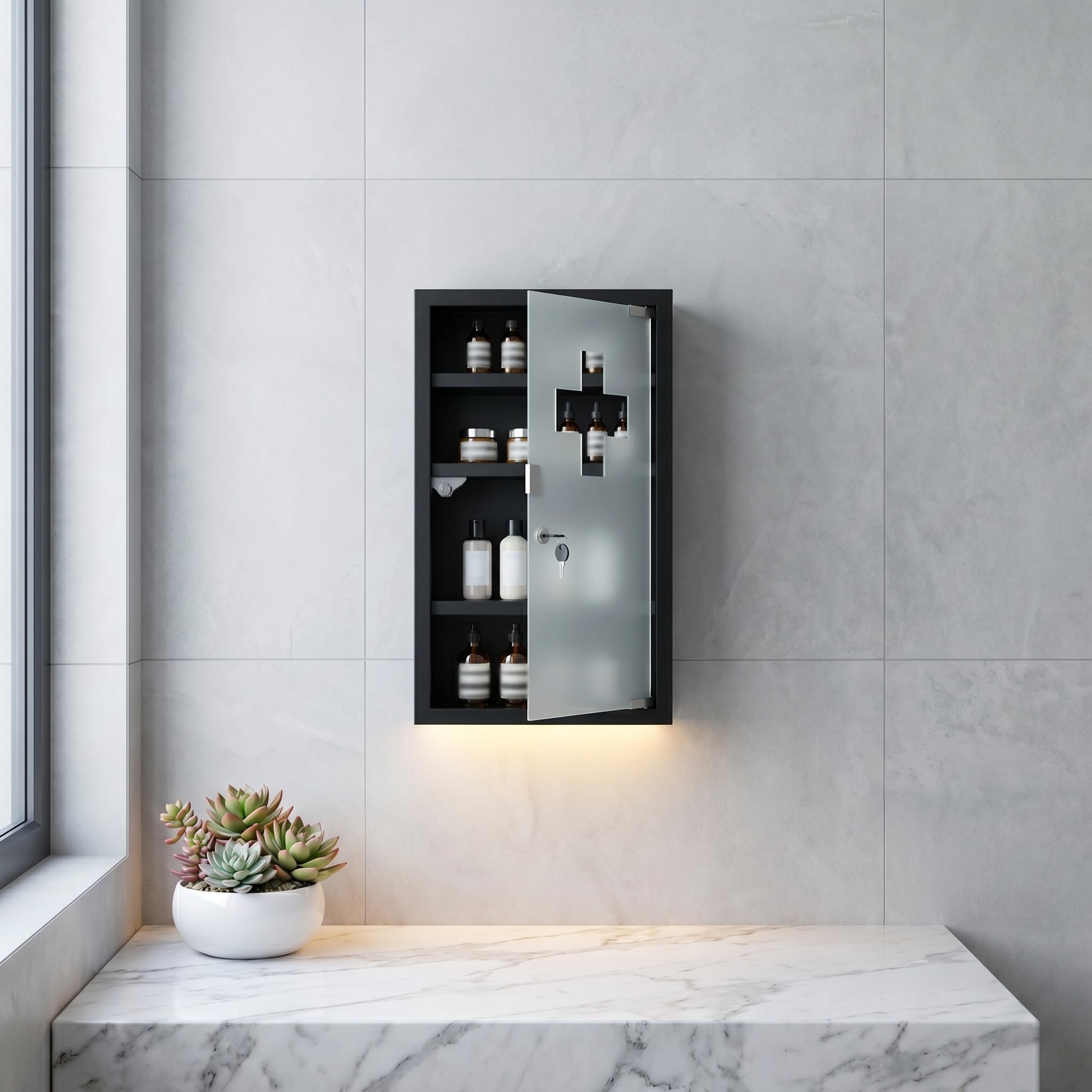 LARS360 Botiquín de acero inoxidable con cerradura para pared, 4 compartimentos, color negro | Con puerta de cristal y cerradura, almacenamiento claro, detección rápida en caso de emergencia, ideal para baño y hogar