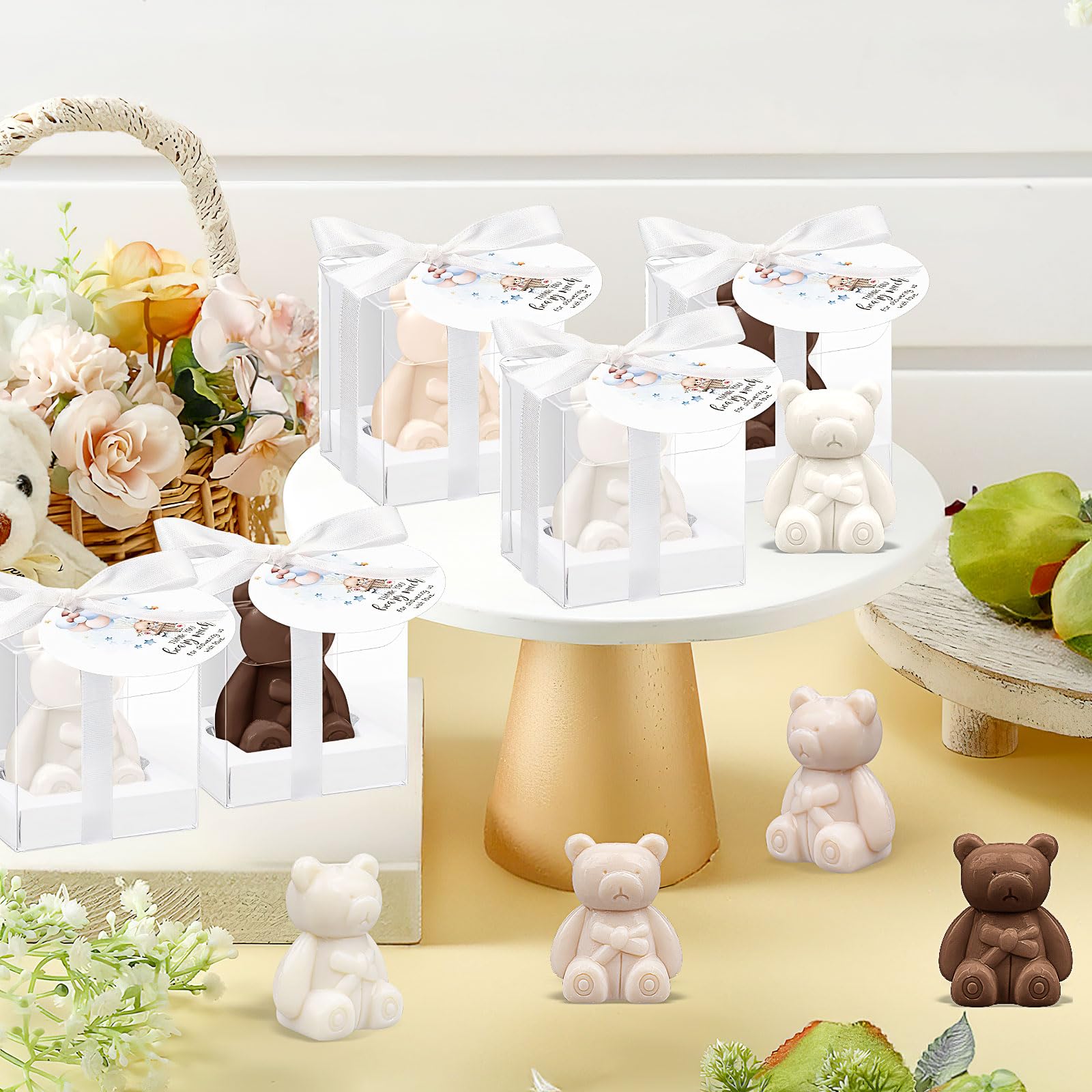 36 Stück Bären-BabySeifen Weihnachtsgeschenke mit Dankeskarten und Geschenkboxen, Gastgeschenke für Babyparty, Hochzeit, Bridal Shower und Partydekoration,Mini-Bärenseifen-Geschenke (Weiß & Braun)