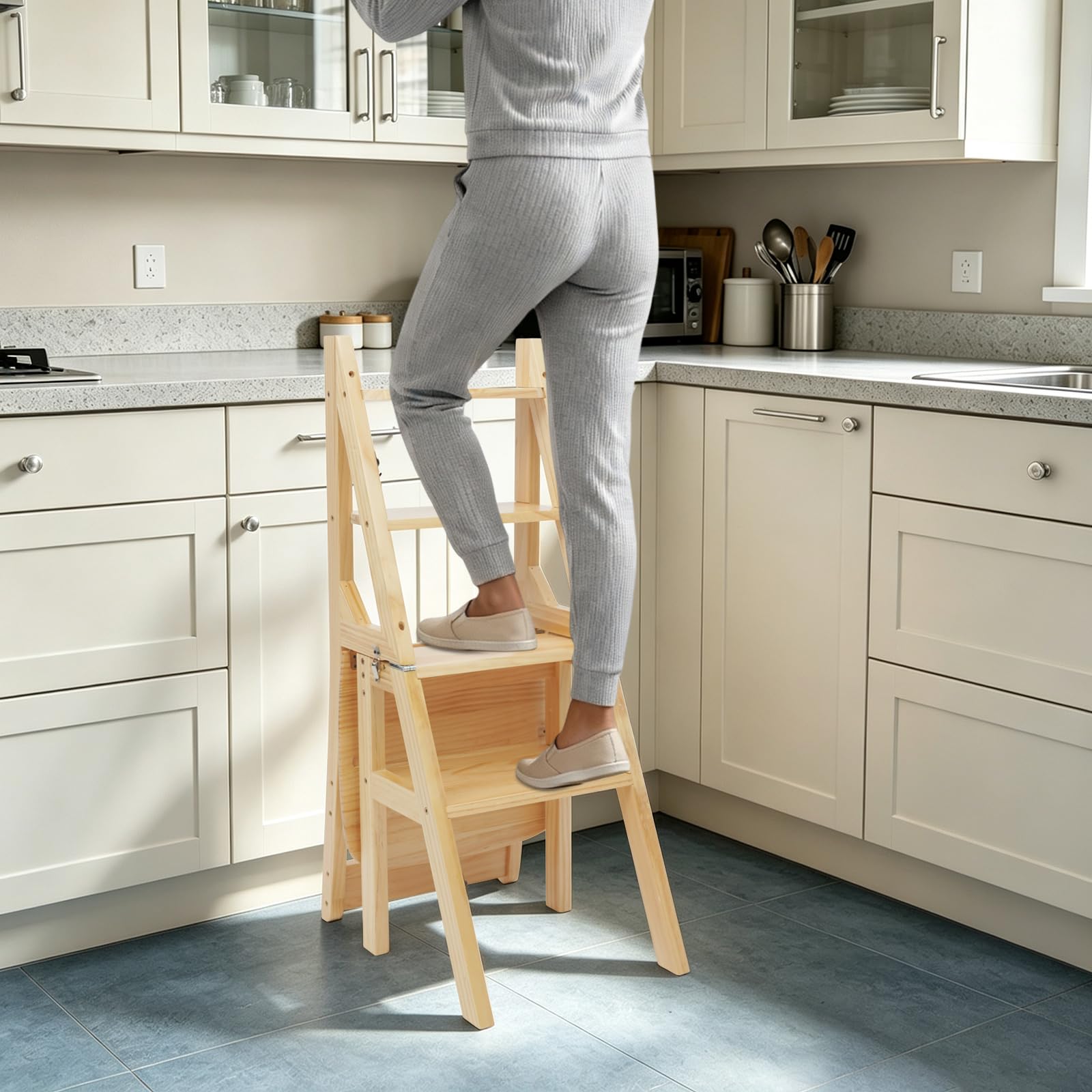 Escalera plegable de 4 peldaños, de madera, soporta hasta 100 kg