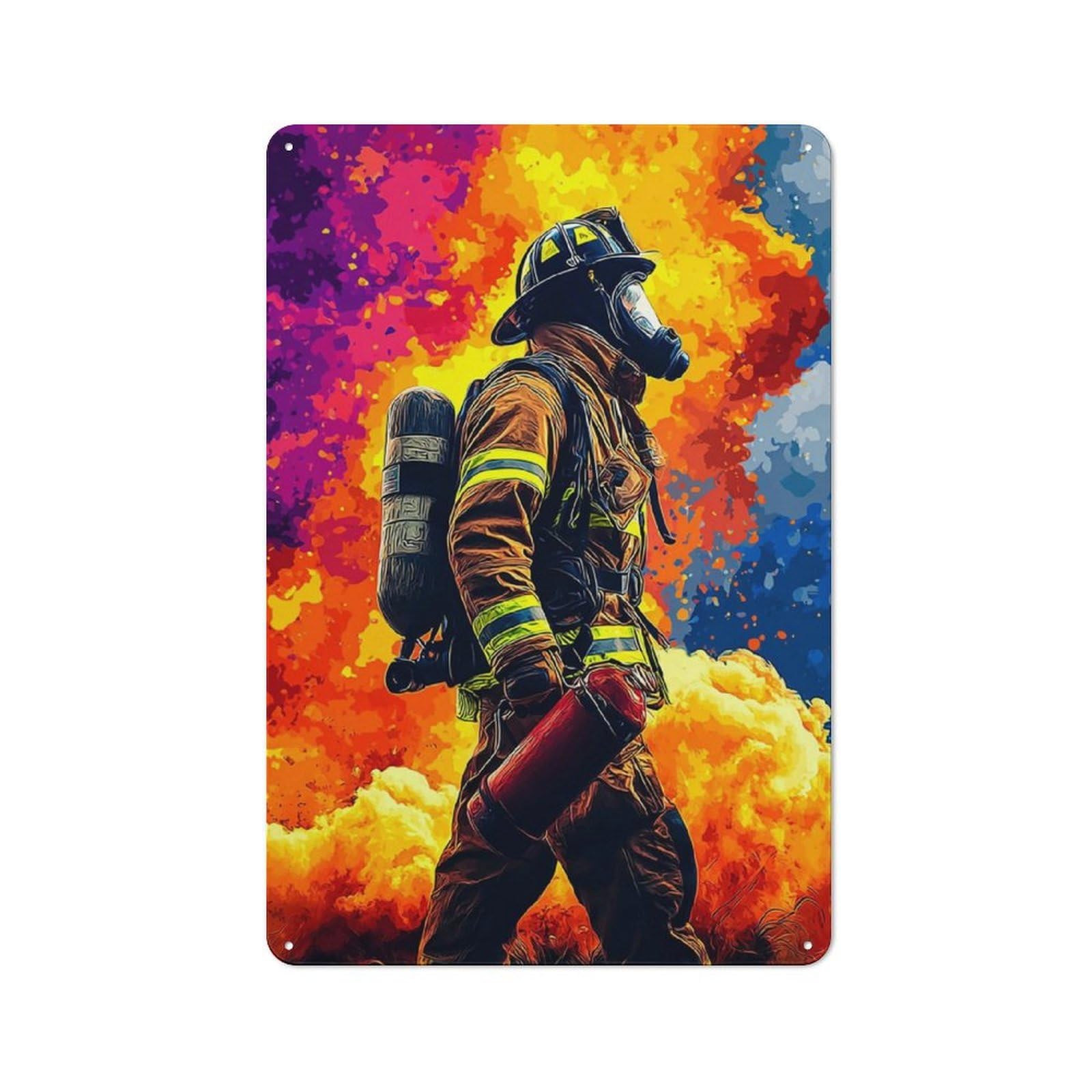 Junmoney Firefighter Braving Flames -1 Metal Plaque With Design 30X20cm, Vintage Bistro Wall Plaque For Coffee Bar, Kitchen, Bistro Or Tea Corner