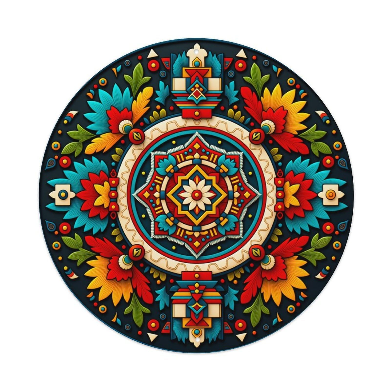 Colorful Floral Geometric Mandala Pattern Round Tin Sign Retro Metal Sign for Cafe Bar Pub Home Game Room Gym Club Wall Decoration Vintage Metal Poster 8x8 Inch