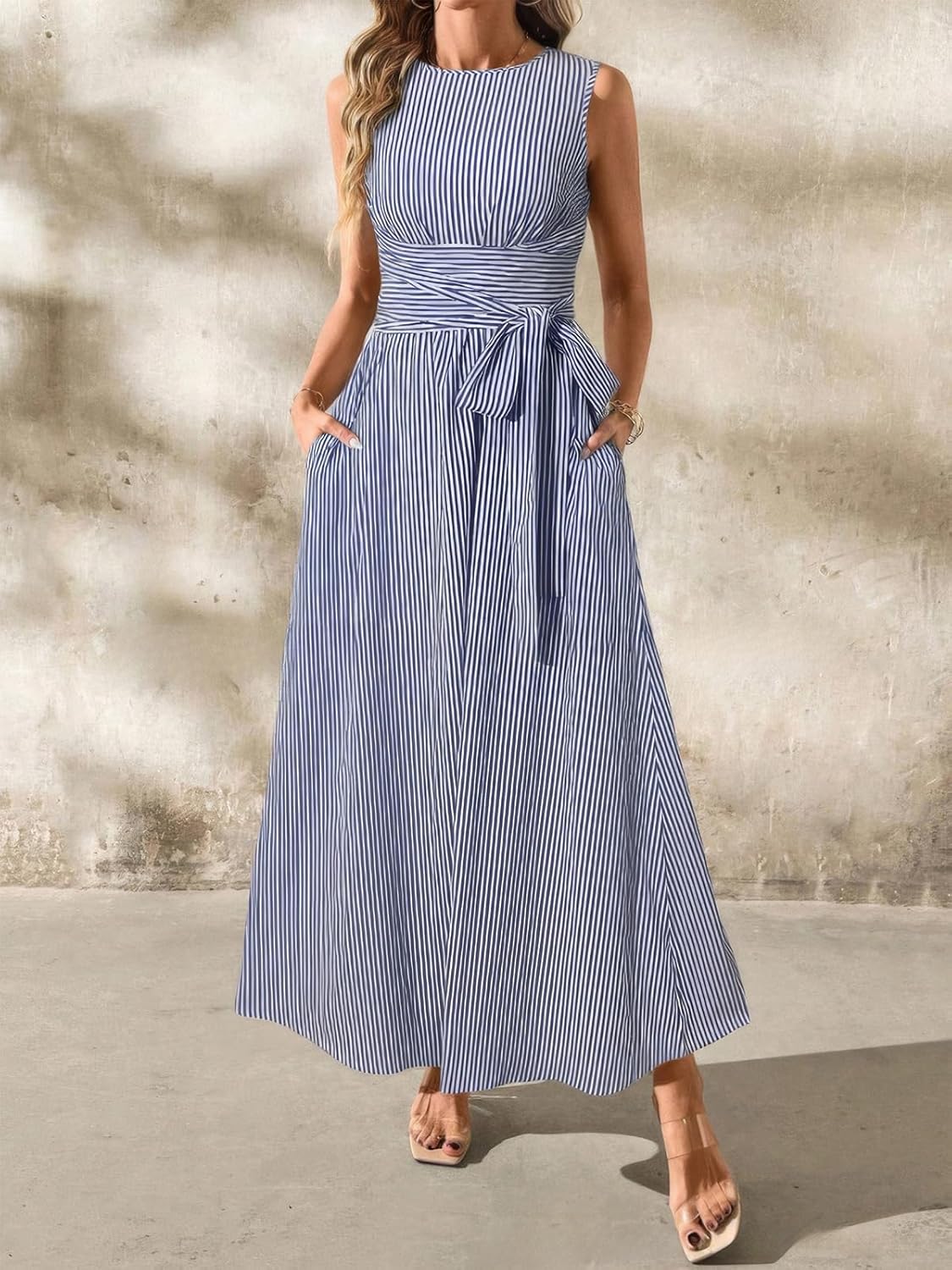 ebossy Women's Striped Shirt Dress Casual Crewneck Tie Waist Sleeveless A-Line Maxi Cotton Dress with Pockets - Image 2