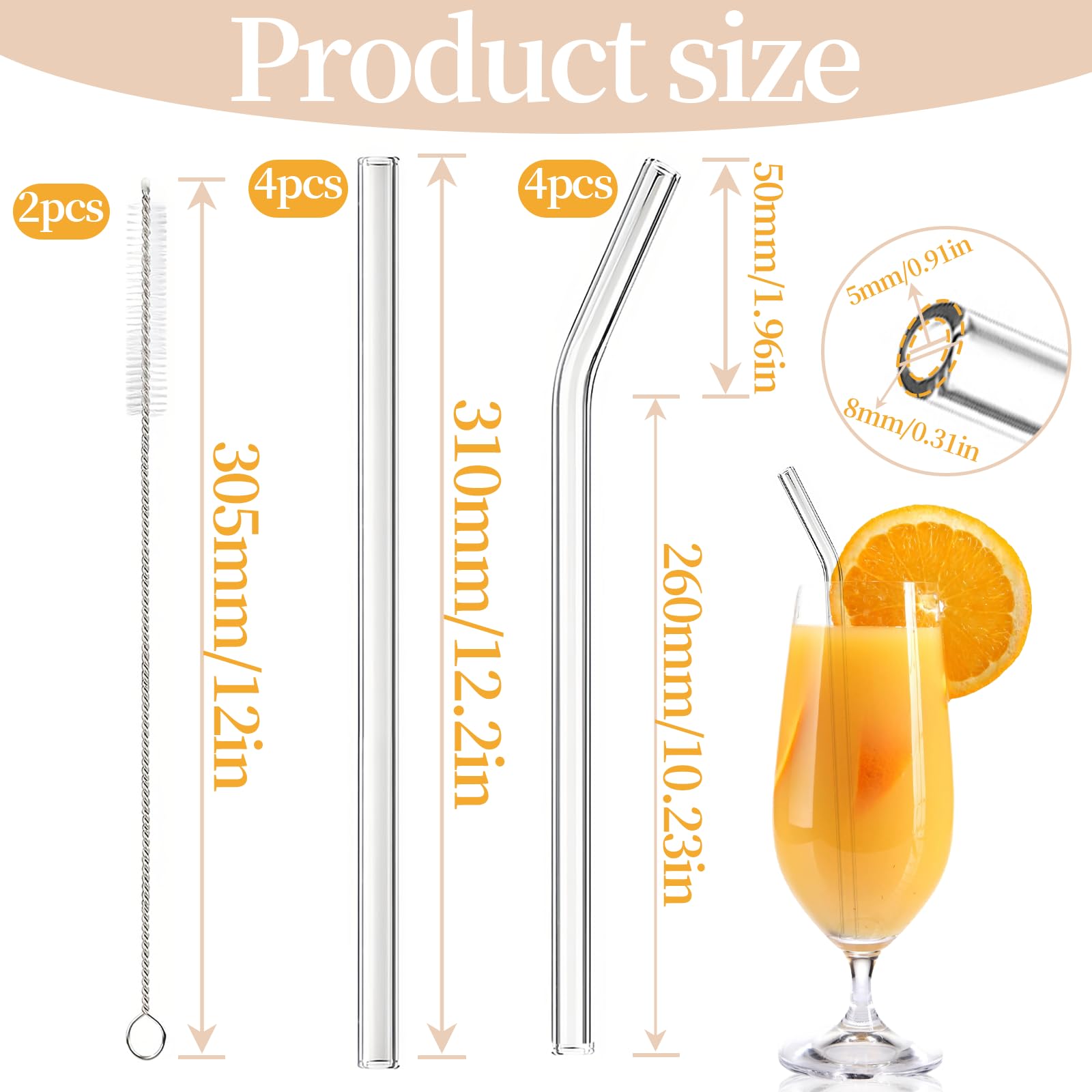 SI SEN Glas-Strohhalme Set – 8 Stück (4 Gerade + 4 Gebogen) Mit Reinigungsbürsten