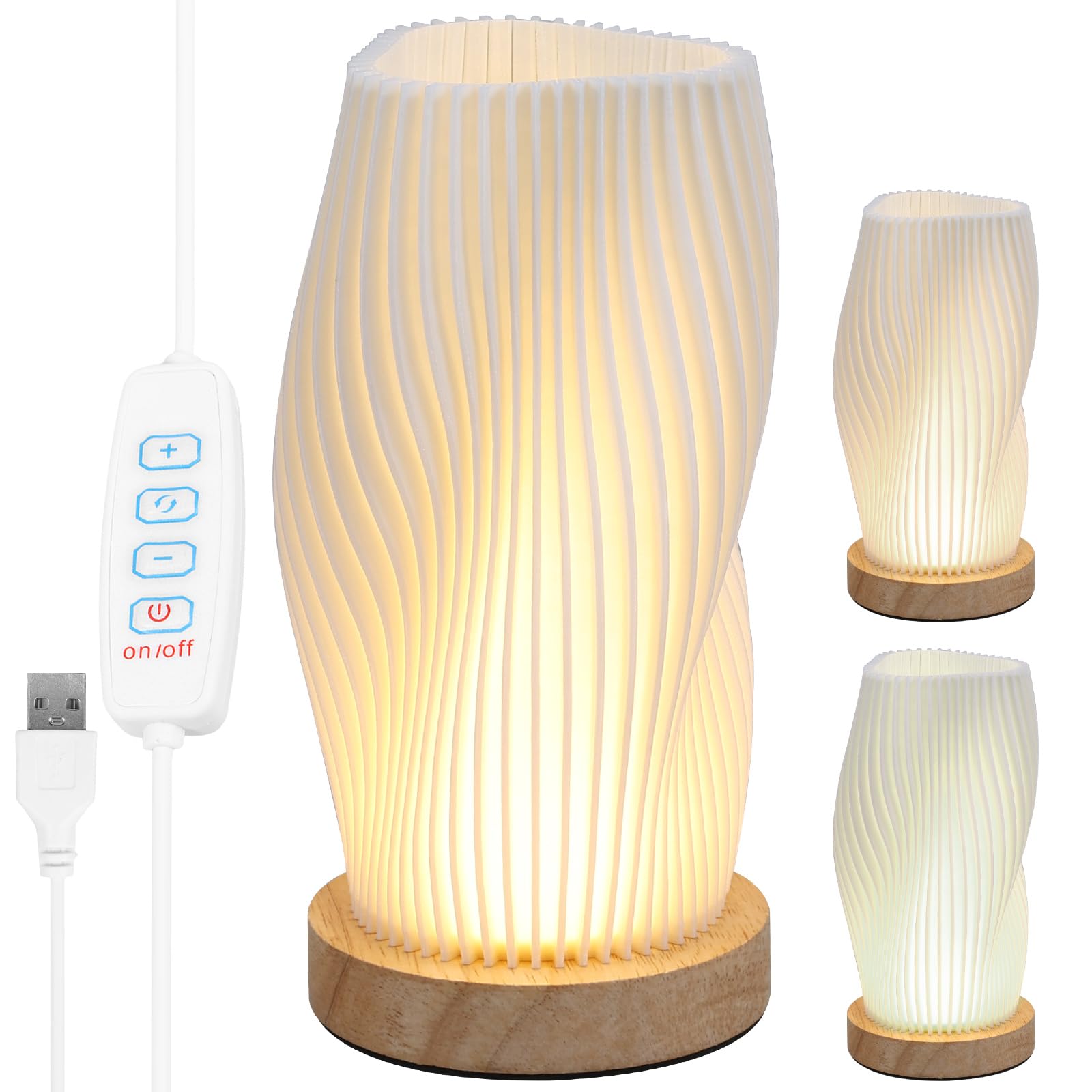 Foribyw Bedside Table Lamp, Novelty LED Modern Nightstand Lamp with Wood Base, Vintage Style Striped Small Night Light Table Lamp, Dimmable Rechargable Desk Lamp for Living Room Kids Room Office Dorm