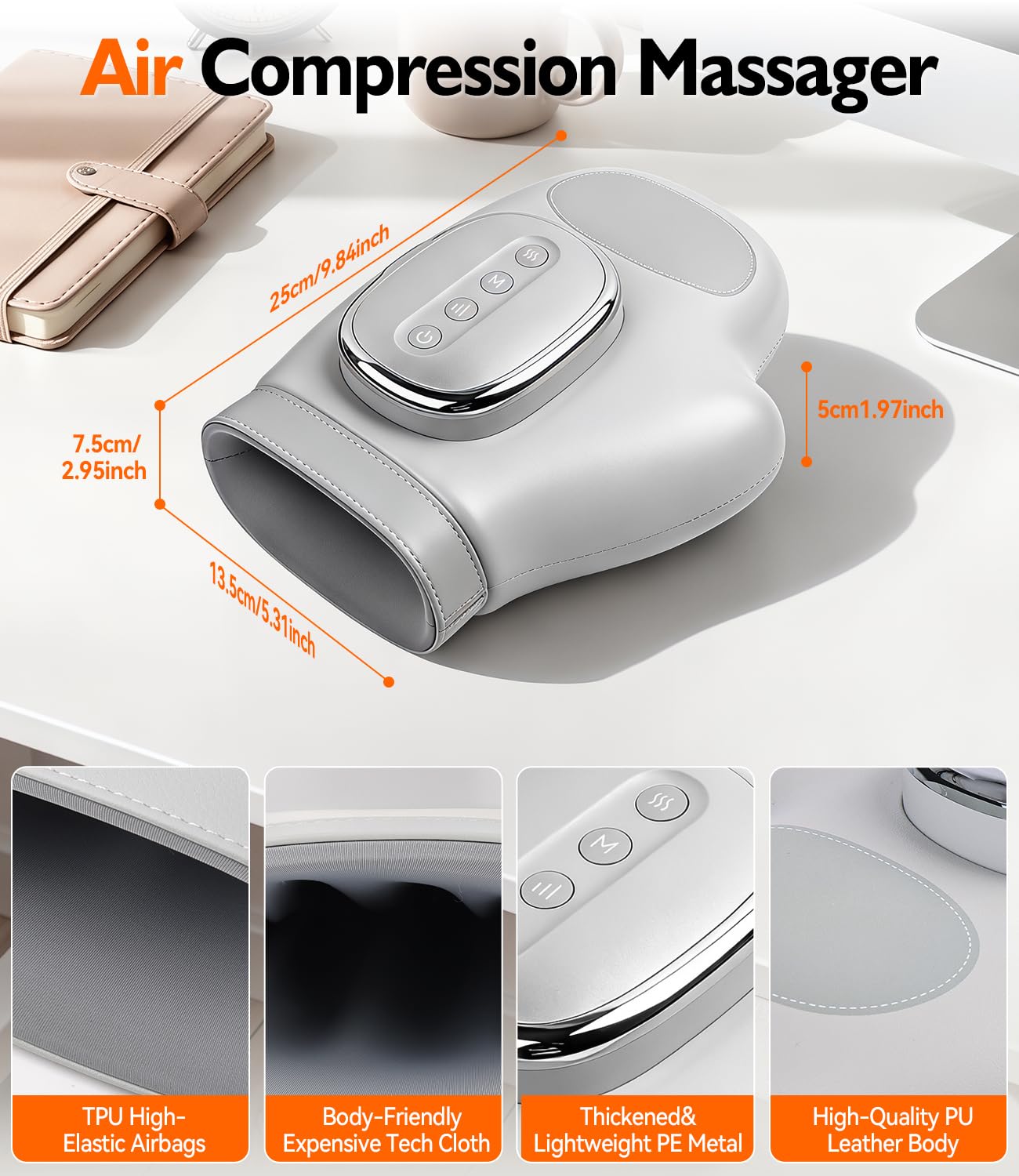 Massaggiatore per Palmo e Dita con Calore e Compressione d’Aria, 3 Modalità + 3 Intensità, Rilassamento per Artrite e Tunnel Carpale, Batteria 2500mAh, Silenzioso (<50dB), per Mani, Polsi e Dita