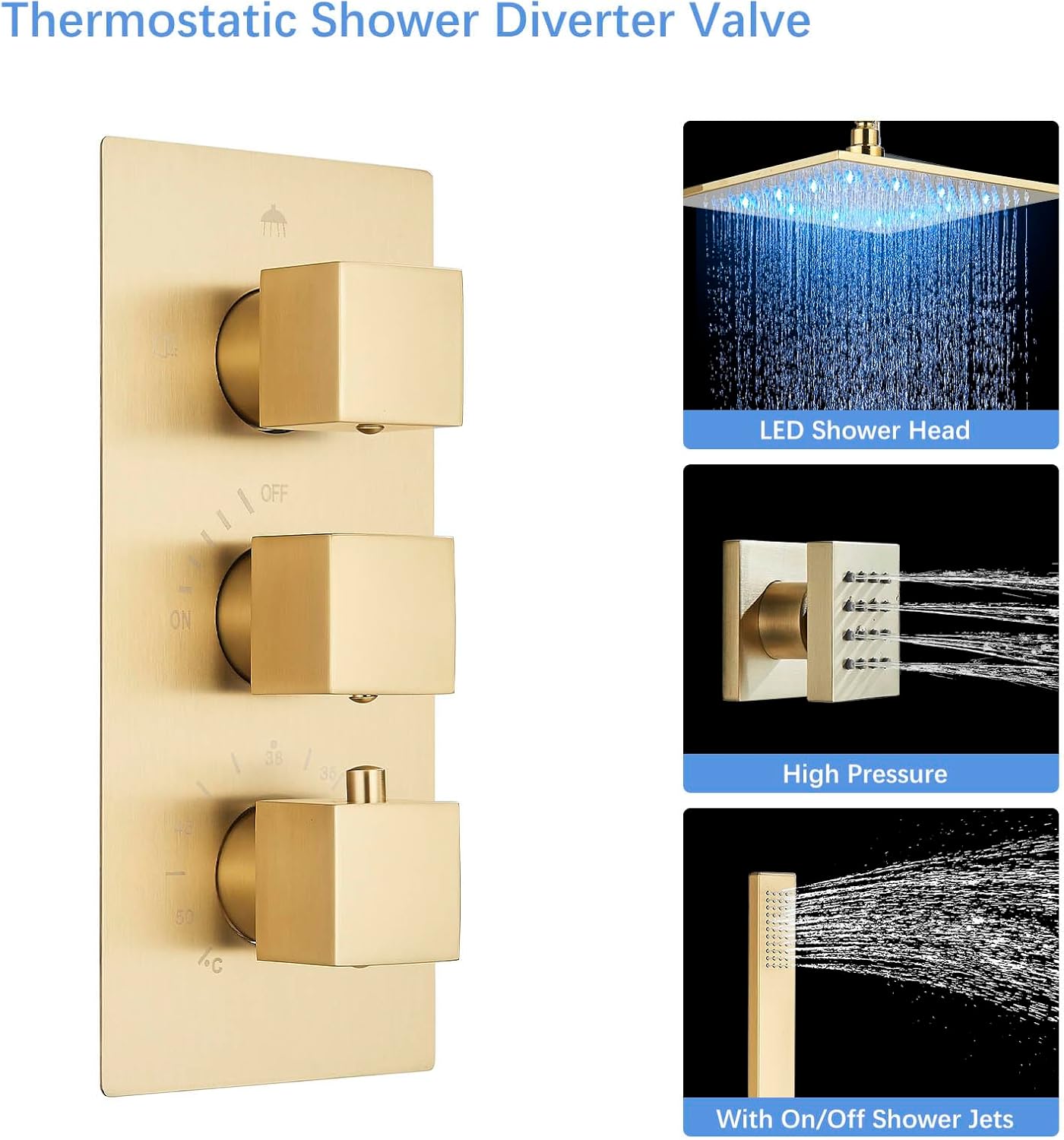 Thermostatic Shower System with Body Jets 12" Ceiling Rainfall Shower Faucet Fixtures Set with Mixer Valve and Handheld Brass Shower Combo Kit for Modern Bathroom， Brushed Gold