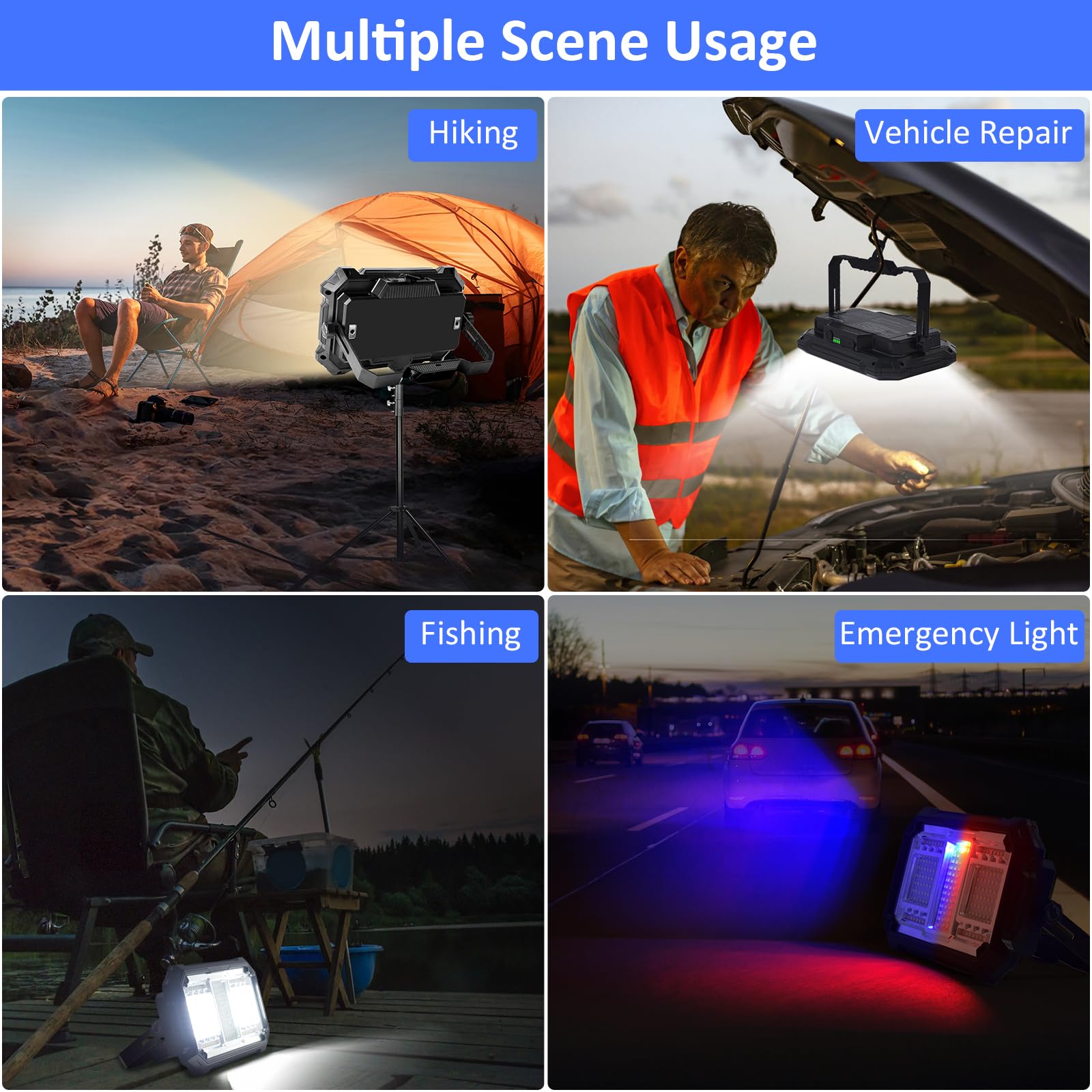 MASMEJOR Projecteur LED Rechargeable, 10000mAh, 8000LM, Base Magnétique | 80W, 206 LEDs, 5 Modes d'éclairage, Sortie USB, IP53, Portable pour Camping, Pêche, Chantier, Garage, Urgences