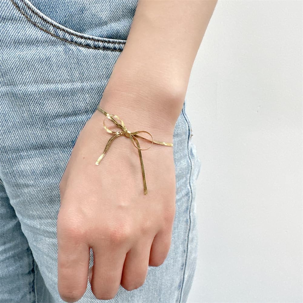 Gold Plated Big Bow Bracelet for Women Fashion Dainty Stainless Steel Minimalist Ribbon Snake Chain Bangle Bracelets Adjustable Trendy Jewelry for Her Bff - Image 5