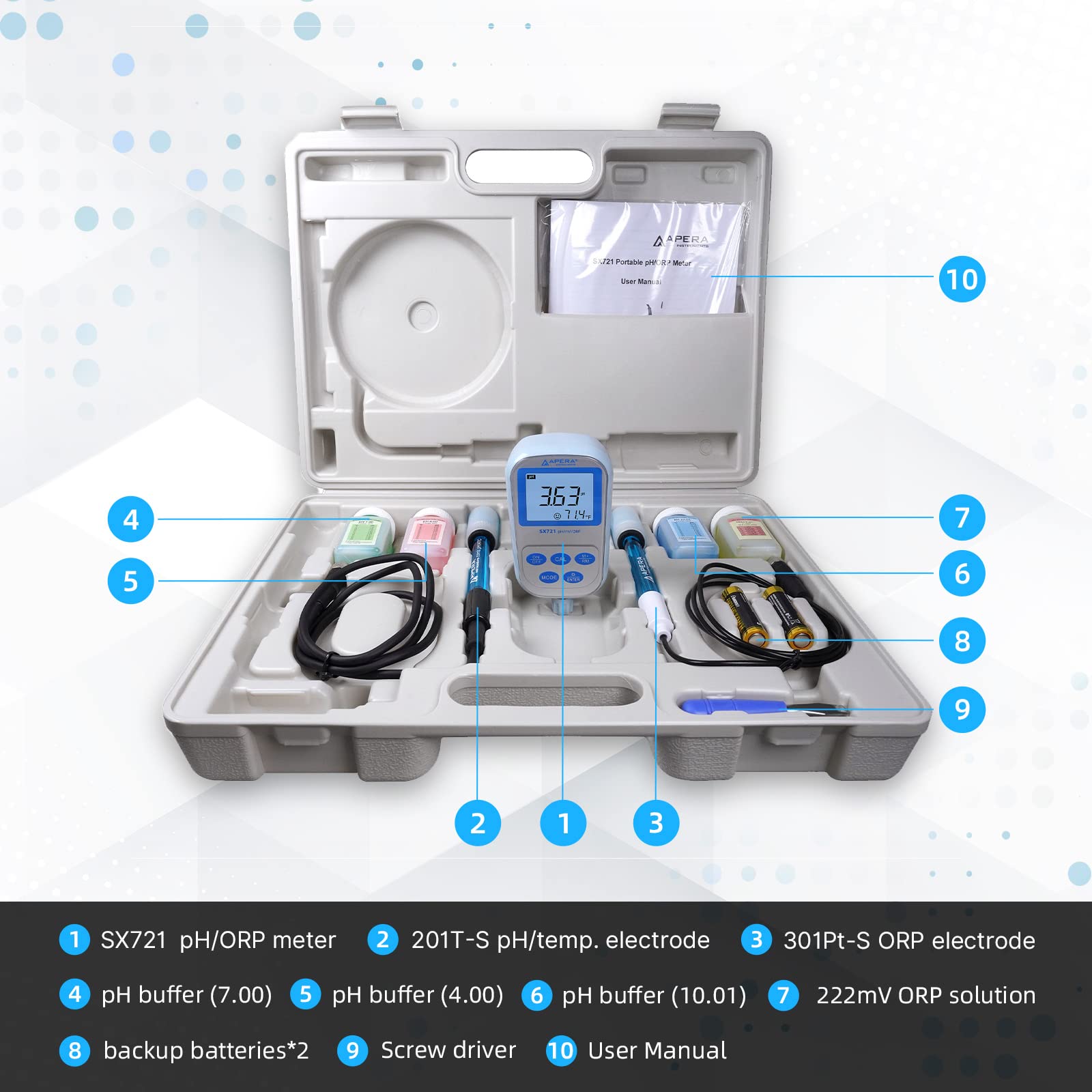 Apera Instruments SX721 Tragbares pH/ORP Messgerät Set im Koffer (wasserdicht, Speicherfunktion, autom. Temperaturkompensation und Kalibrierung)