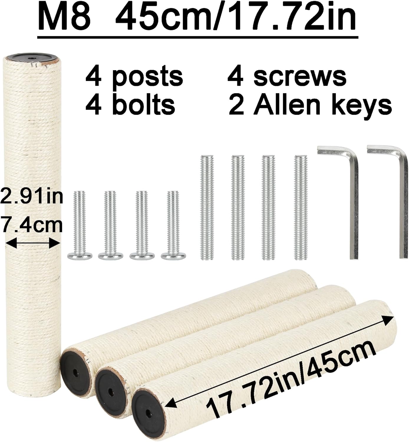 4 PCS 7.4cm 2.91in Diameter Cat Scratching Post Replacement Sisal Pole (45cm/17.72in, M8)