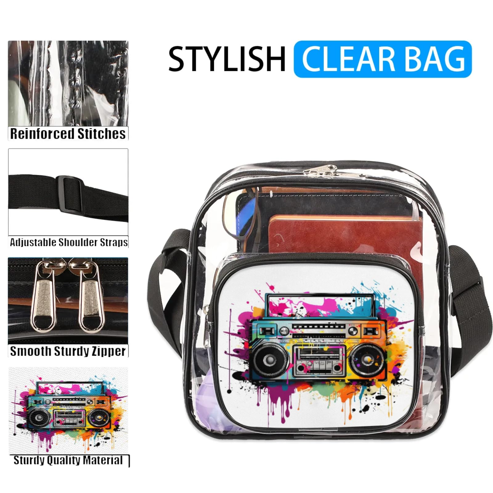 Clear Crossbody Bag Stadium Approved Colorful Radio Transparent Bag for Festivals, Sports Events, Concerts,Beach Bag for Women Men Clear Purse with Front Pocket Messenger Bag with Adjustable Strap