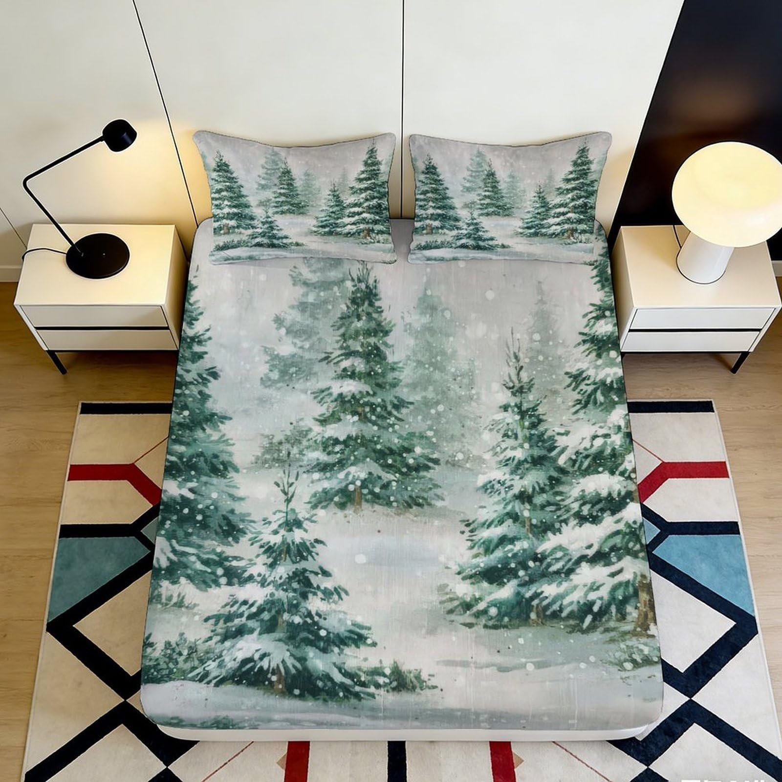 3D Printed Snowy Pine Tree Fitted Sheet Microfiber Soft Breathable Winter Forest Bed Cover for Bedroom Dormitory Guest Room Mattress Protection Decor 140x200x25cm