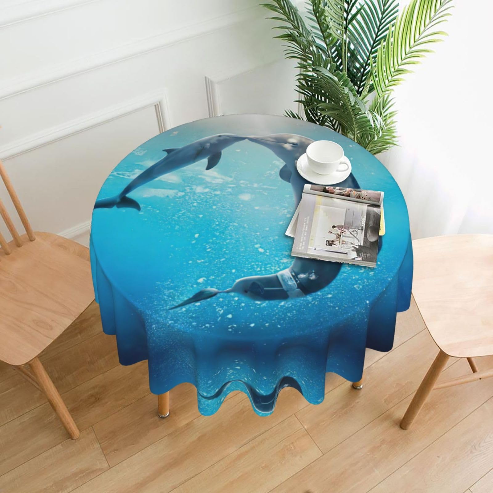 Hjfczh Black Dolphin In Sea Prints Round Table Throw 60 Inch - Waterproof Table Cover - Soft & Wrinkle Resistant Decor Layer For Dinners, Parties & Everyday Use