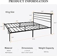 Vista 11 de SHA CERLIN Base de cama tamaño King con estante de cabecera y base de metal resistente, no necesita somier, color marrón
