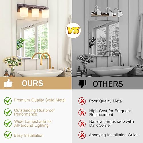 Miniatura 440 de 3 lámparas modernas de baño sobre el espejo, luces de tocador de oro negro para apliques de pared de baño con pantallas de vidrio blanco lechoso