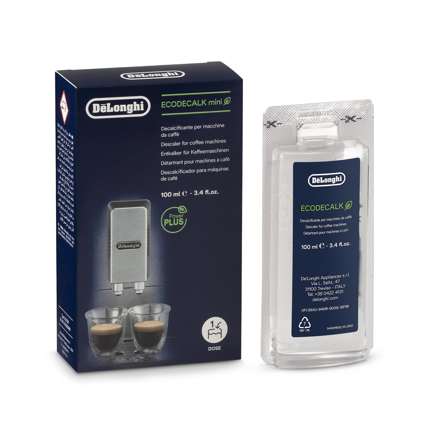 De'Longhi Dlsc001 Ecodecalk Decalcificante Naturale Per Tutte Le Macchine Da Caffè, Con Ingredienti Da Materie Prime Naturali, Biodegradabile, Made In Italy, Monodose da 100ml