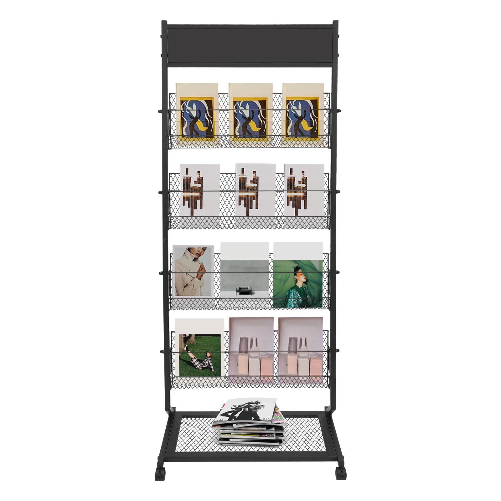 Porte-revues à 5 niveaux - 63,5 x 36,8 x 165,9 cm - Présentoir à prospectus avec 4 roues - Présentoir de littérature au sol - Pour foires, hôtels, réceptions