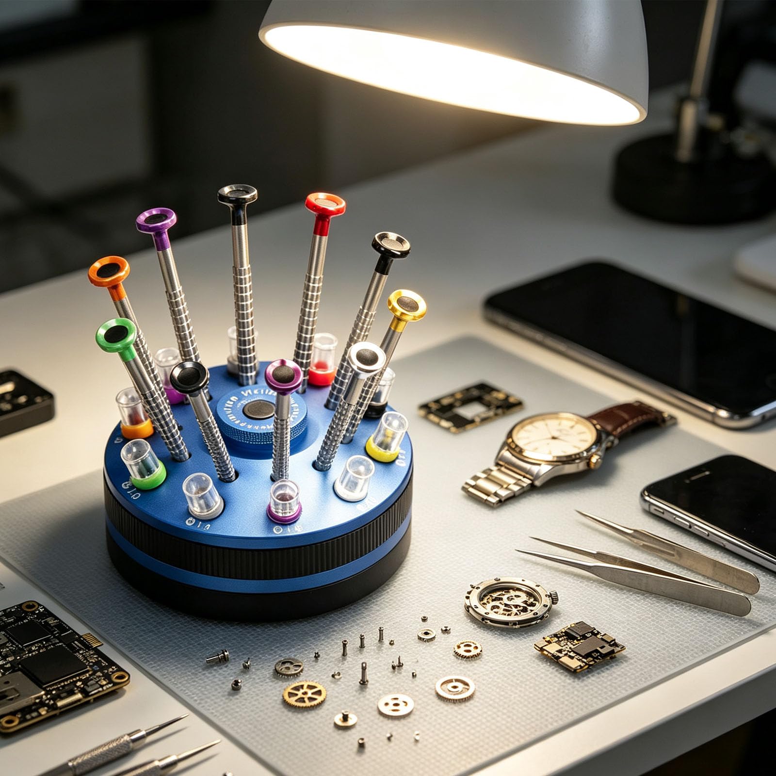 Set di cacciaviti da orologio 10pcs con supporto di stoccaggio in alluminio rotativo, kit di cacciaviti di precisione per la riparazione di orologi, occhiali, gioielli,Blue