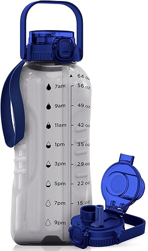 Miniatura 10 de AQUAFIT Botella de agua de 64 onzas con marcador de tiempo - Pajilla y tapa de trago 2 en 1 - Botella de agua grande sin BPA con pajilla - Botella