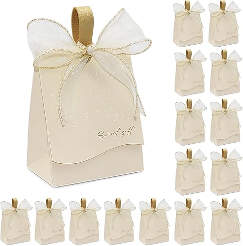 GLGHMH 50 cajas de recuerdo de boda, cajas de dulces de boda grandes beige con cinta, cajas de regalo de fiesta de cumpleaños para decoración de
