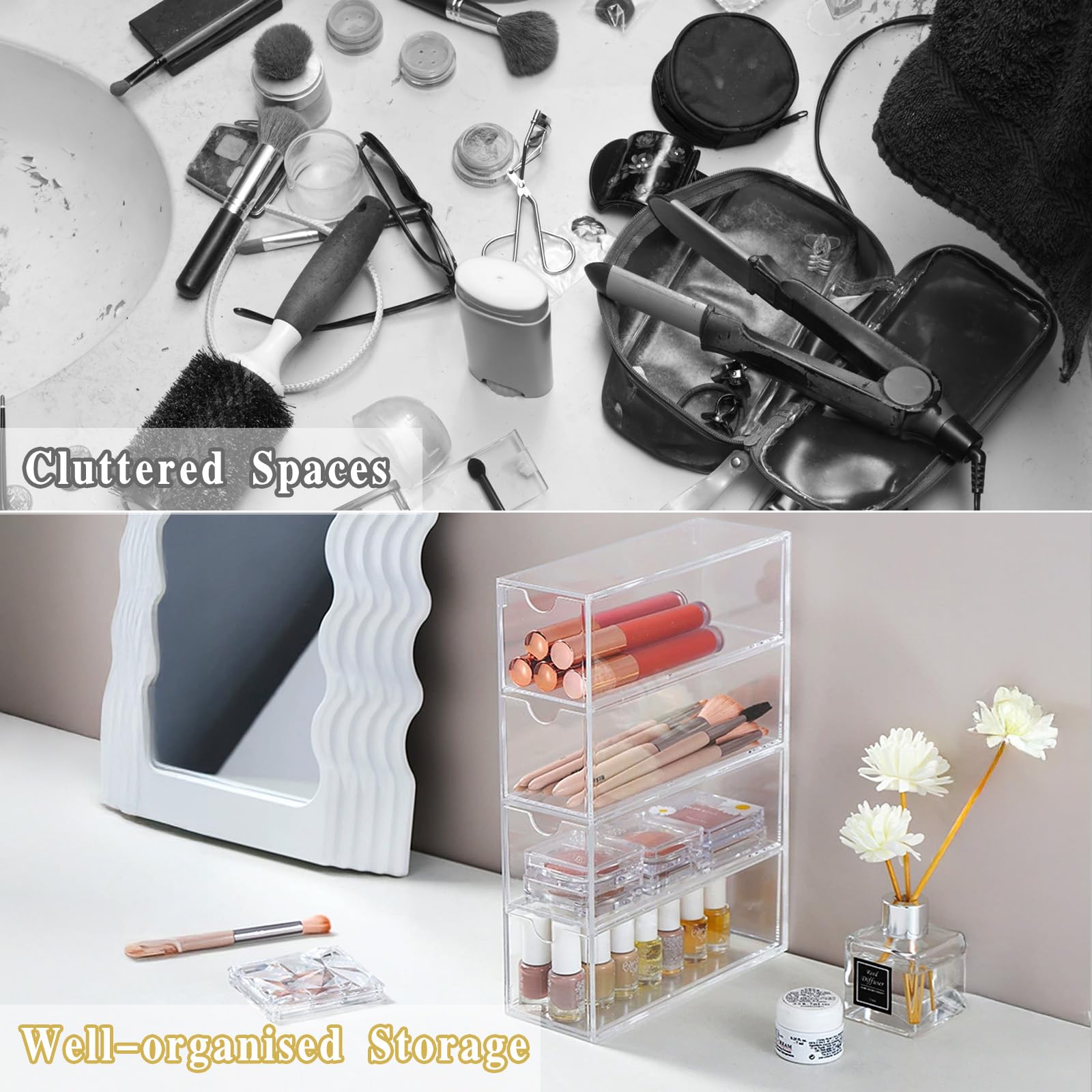 Organizer da scrivania con 10 cassetti, organizer per trucchi in acrilico trasparente, impilabile, con cassetto rimovibile, adatto per riporre cosmetici, gioielli, occhiali da sole e forniture