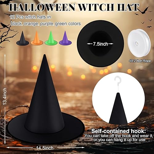 Miniatura 2 de 12 piezas de sombrero de bruja de Halloween, accesorio para disfraz de bruja con decoración de sombreros de bruja con cuerda colgante de 49 pies