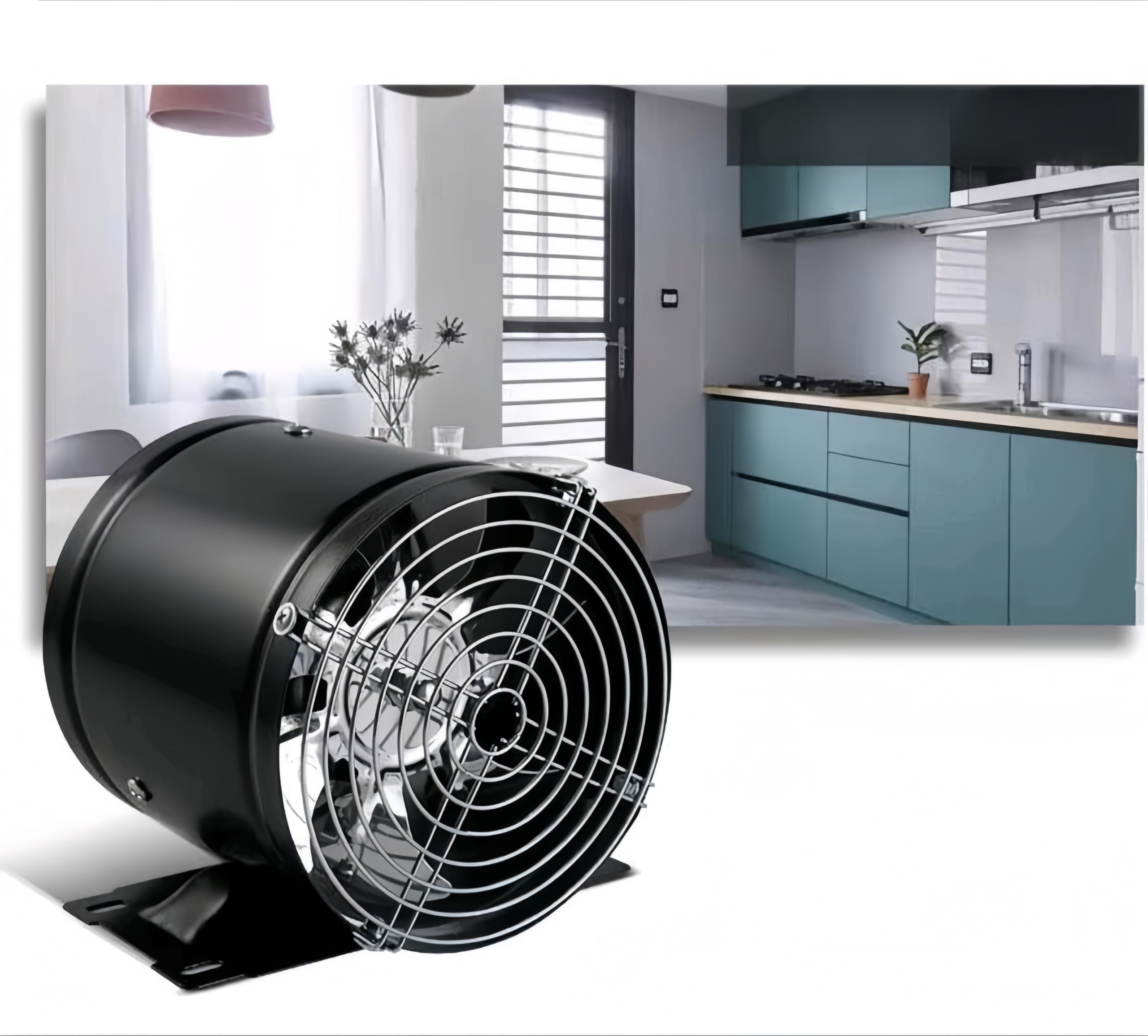 20,3 cm Inline-K-Ventilator, mit Schalter, geräuscharm, hoher Luftstrom, Abluftventilator aus Metall mit Halterung und Netz, für Keller, Garage, Dachboden, Küche (schwarz)