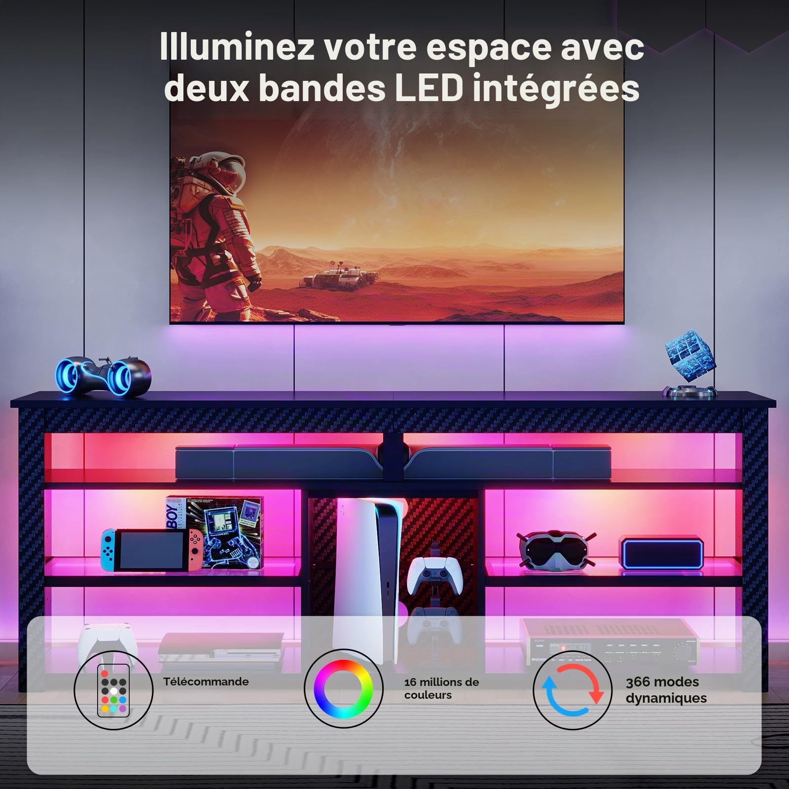 Bestier Meuble TV pour téléviseur 70 Pouces, Centre multimédia Haut avec 2 éclairages LED, Console de Jeux avec Rangement pour PS5, Meuble TV Moderne pour Chambre ou Salon, Fibre de Carbone Noire