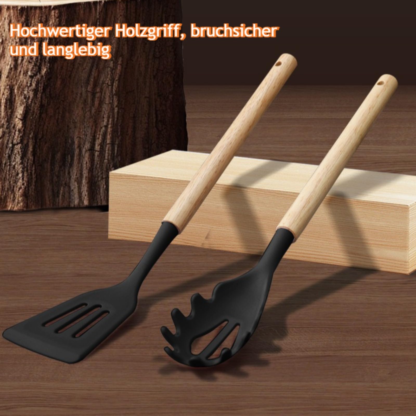 19 Stück Küchenmesser Set,Silikon-Küchenutensilien-Set mit Holzgriffen, Hitzebeständige,mit 12 Kochutensilien,5 Messern,Schneidebrett und Halter,Spülmaschinengeeignet (Schwarz)