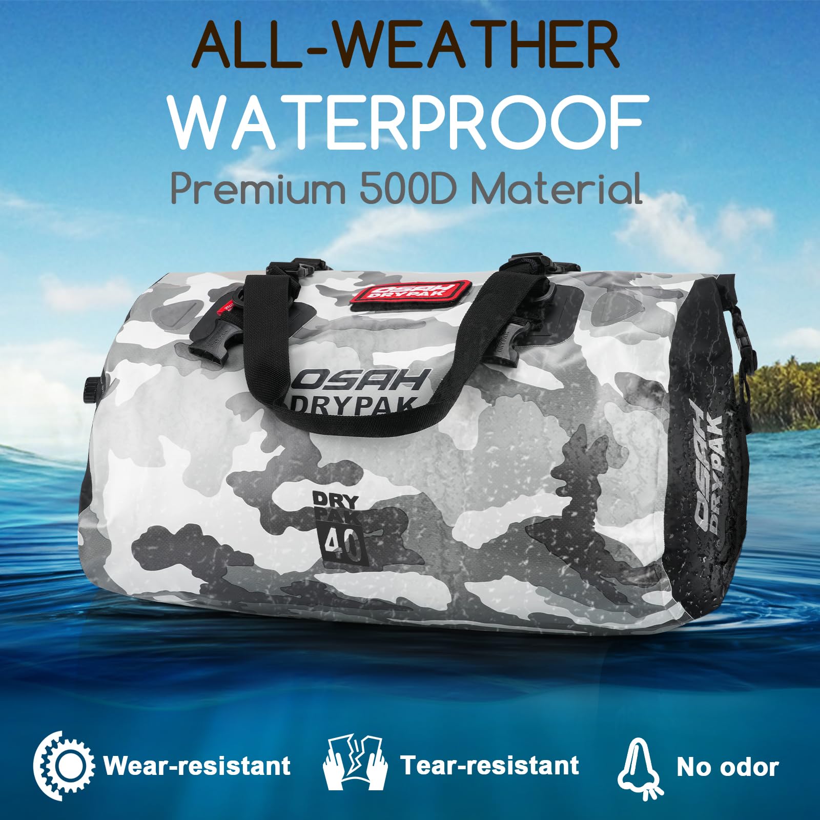 OSAH DRYPAK Bolso de Lona Impermeable - Bolsa Trasera estanca para Moto con Gran Espacio, Equipaje Impermeable con Bolsillo Exterior de Malla con Cremallera para Acampada, Kayak, Pesca y Viajes